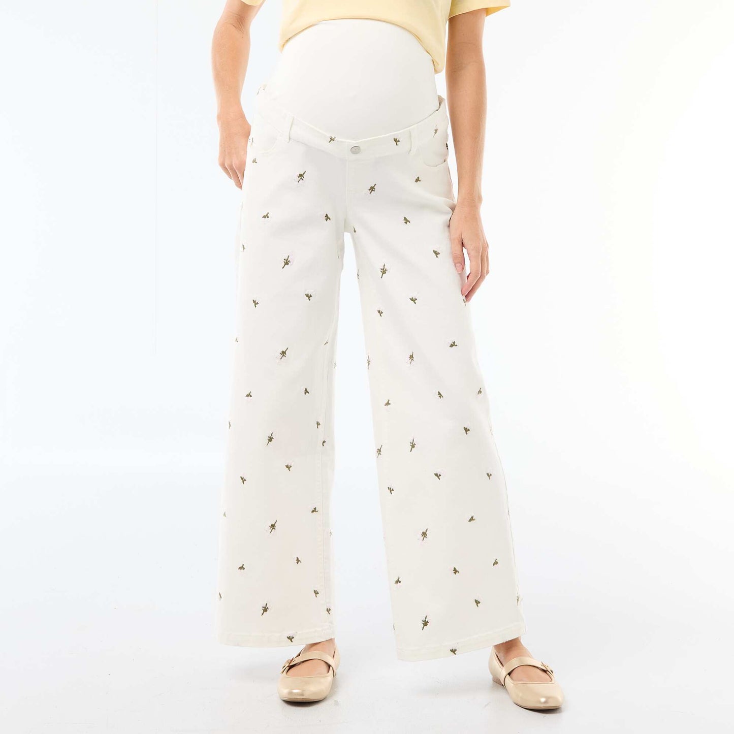 Pantalon grossesse avec ceinture stretch et motif brodé BLANC