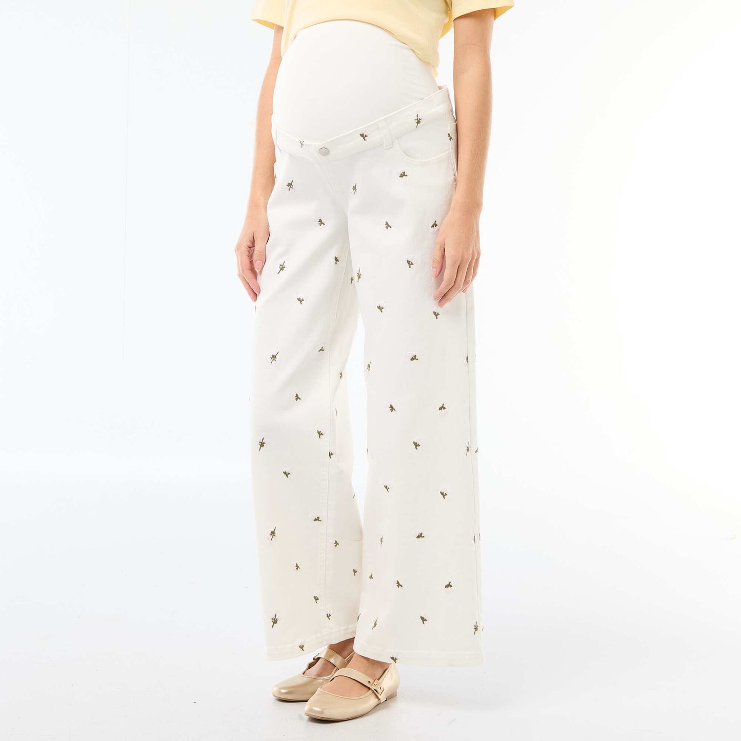 Pantalon grossesse avec ceinture stretch et motif brodé BLANC