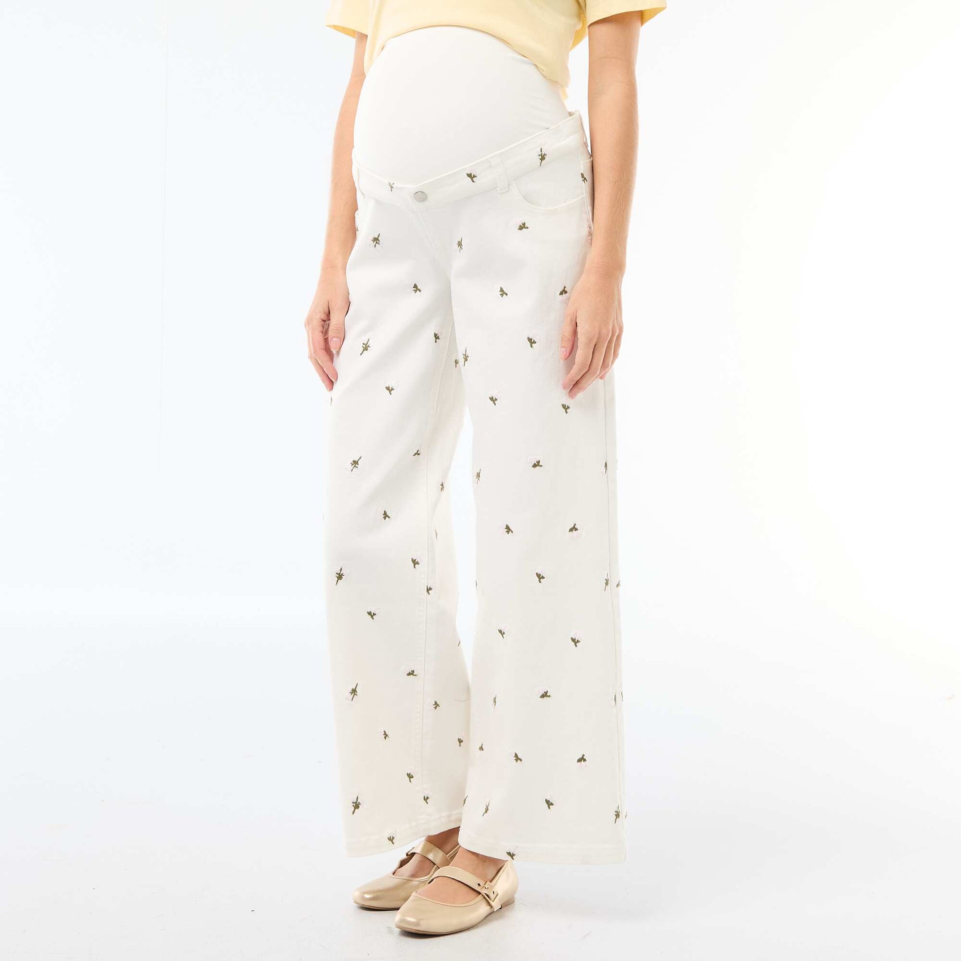 Pantalon grossesse avec ceinture stretch et motif brodé BLANC