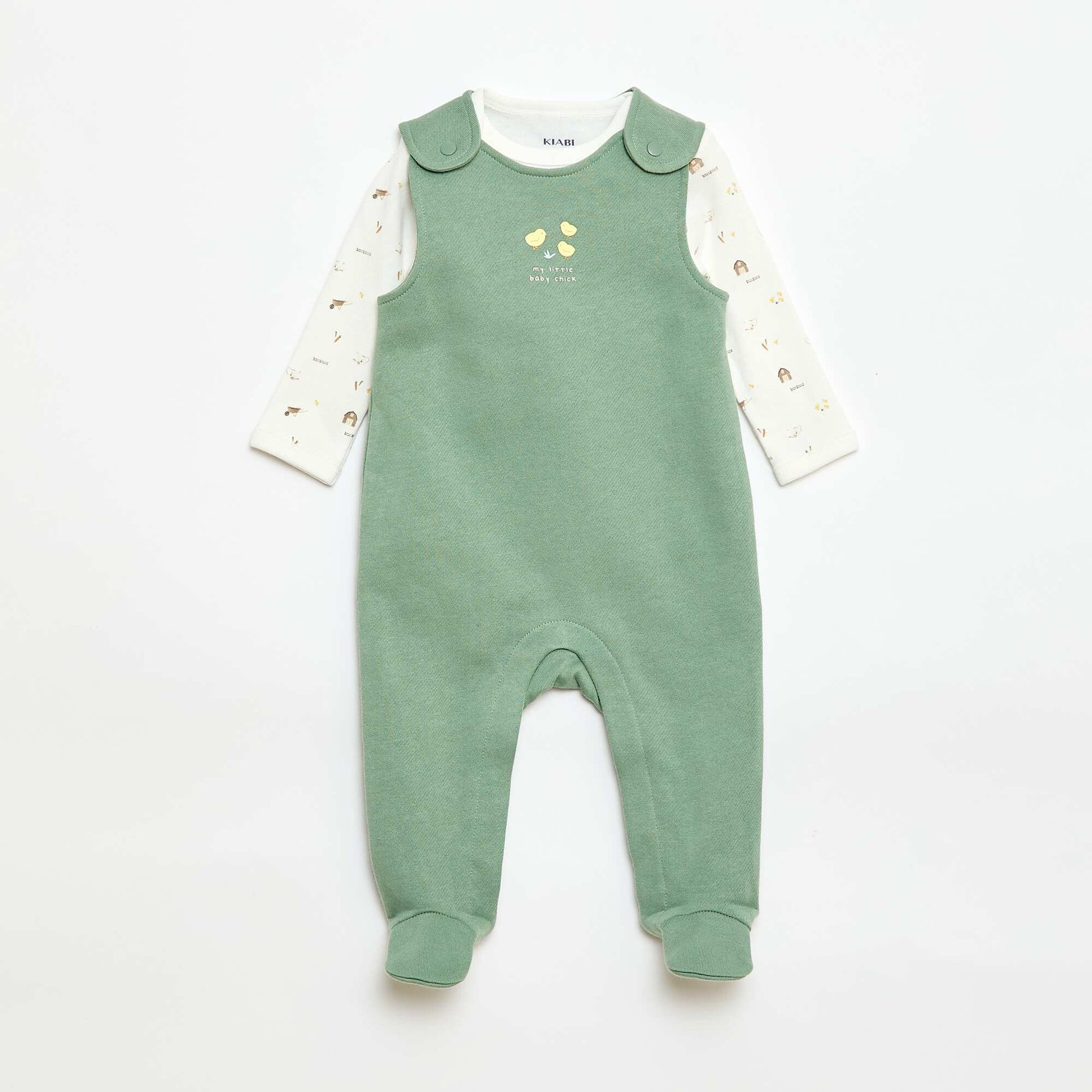 Ensemble body manches longues + salopette avec pieds BLANC