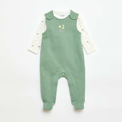 Ensemble body manches longues + salopette avec pieds BLANC