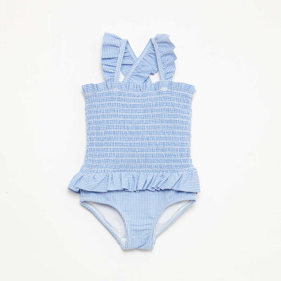 Maillot de bain 1 pièce smocké à volants BLEU