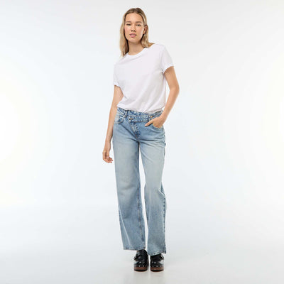 Jean coupe large et taille haute avec ceinture asymétrique BLEU
