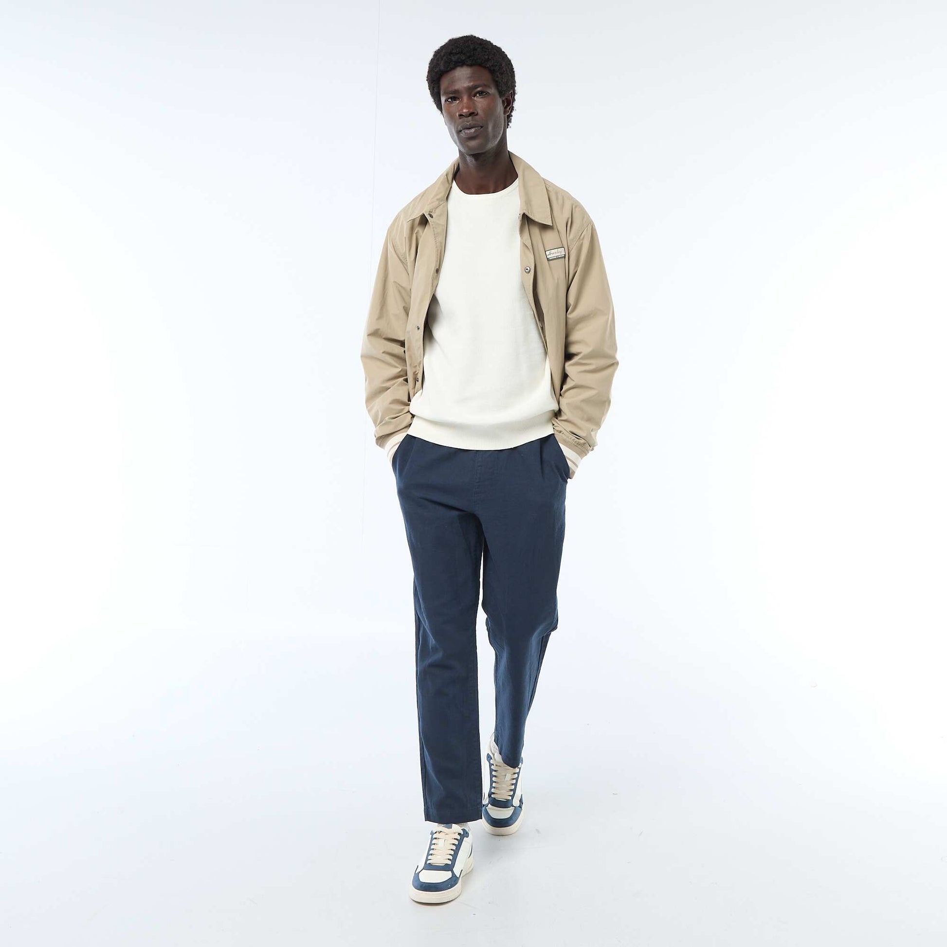 Pantalon droit à taille élastiquée BLEU MARINE