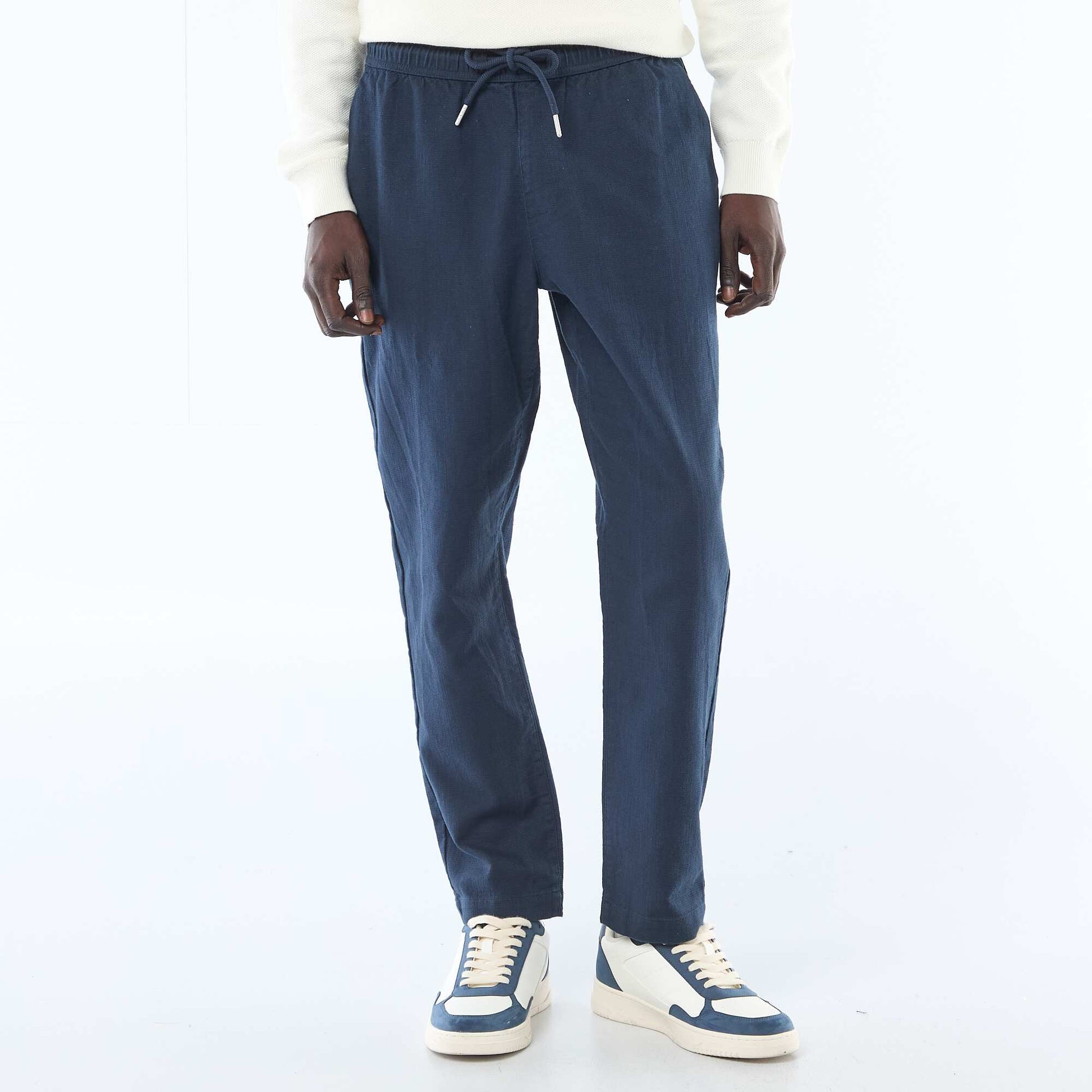 Pantalon droit à taille élastiquée BLEU MARINE