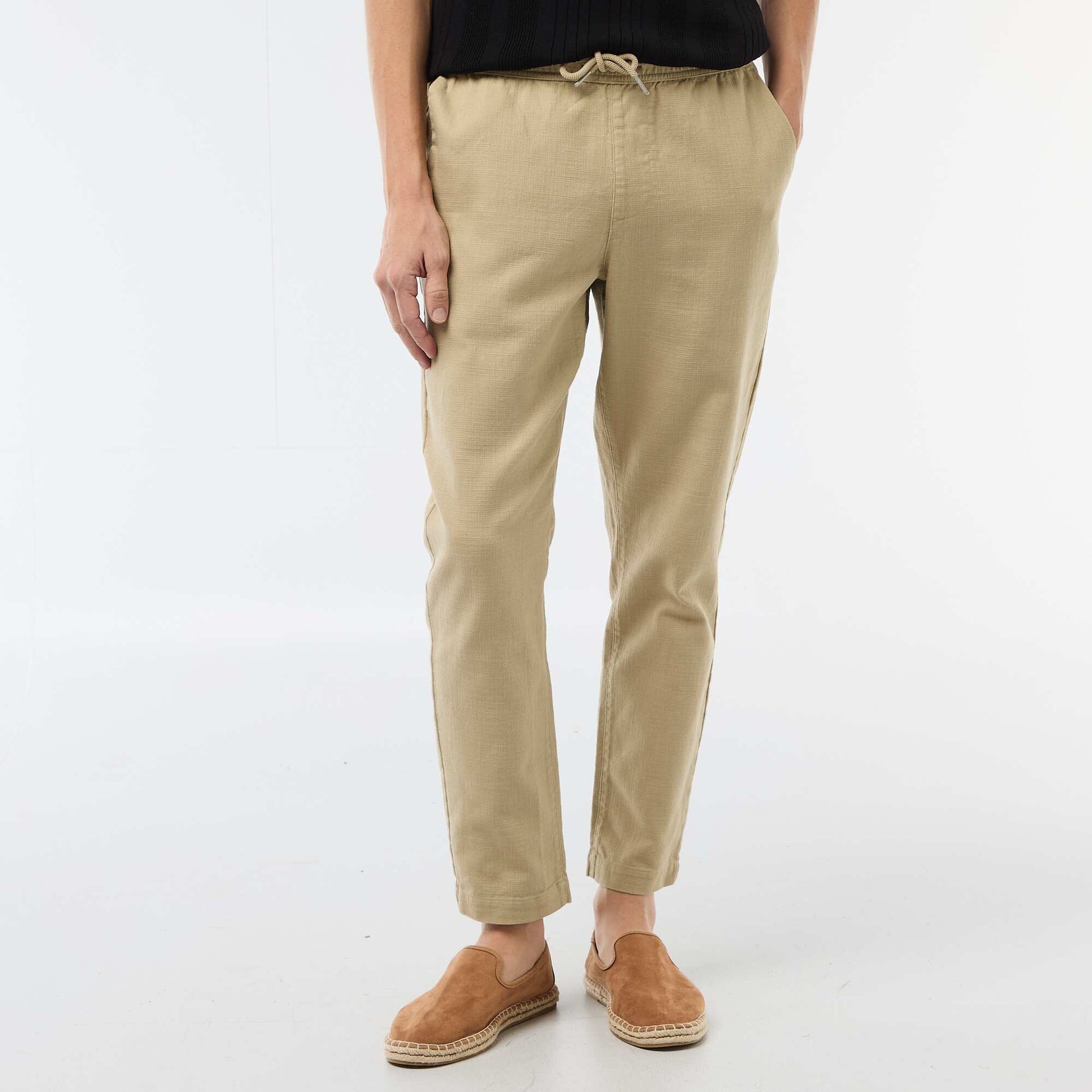Pantalon droit à taille élastiquée BEIGE