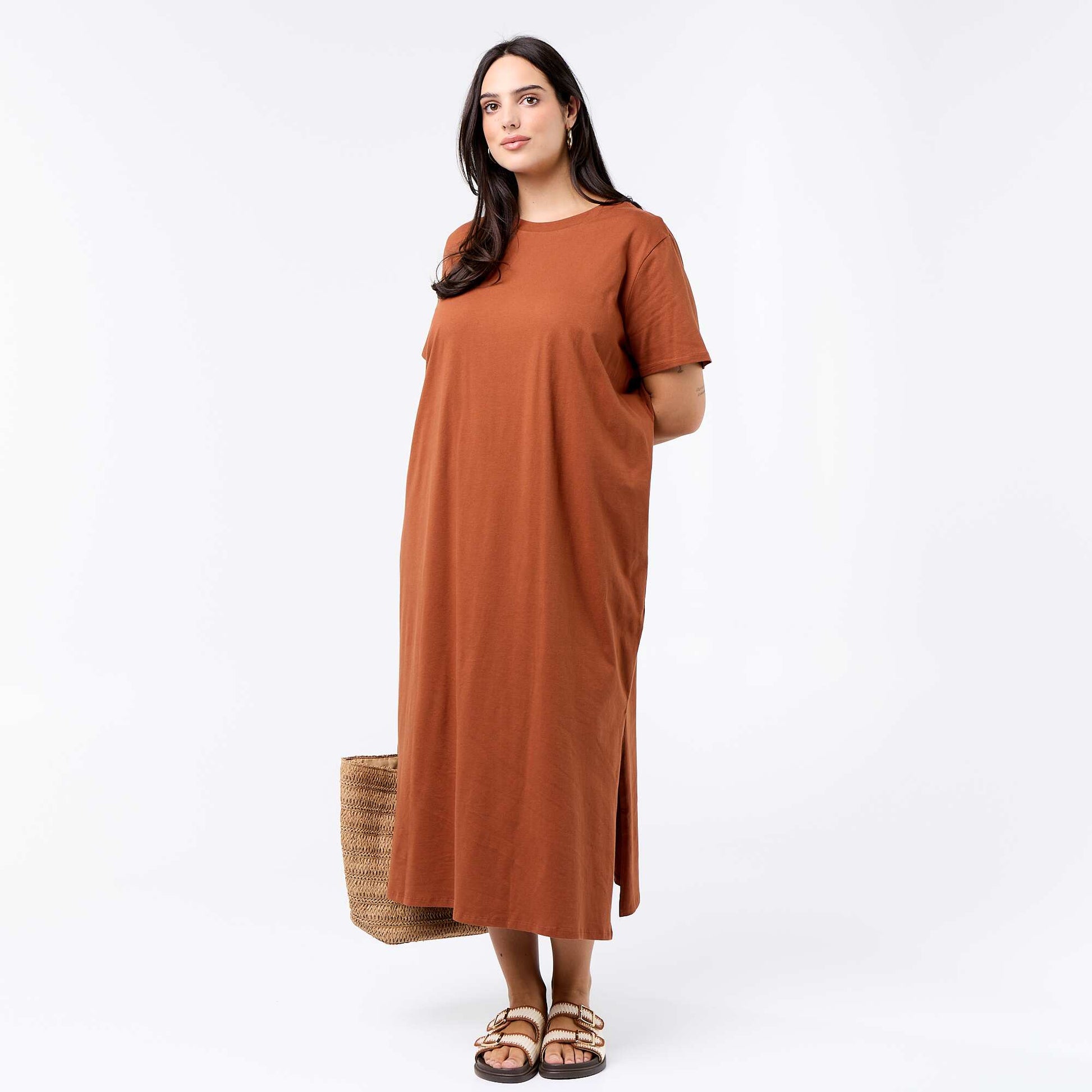 Robe t-shirt longue unie MARRON