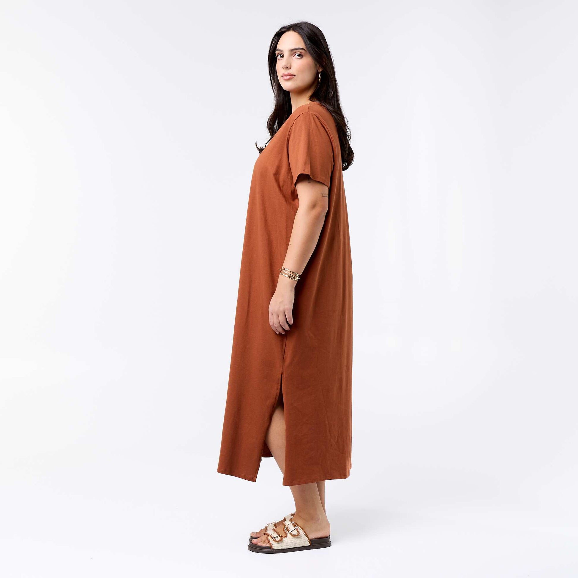 Robe t-shirt longue unie MARRON