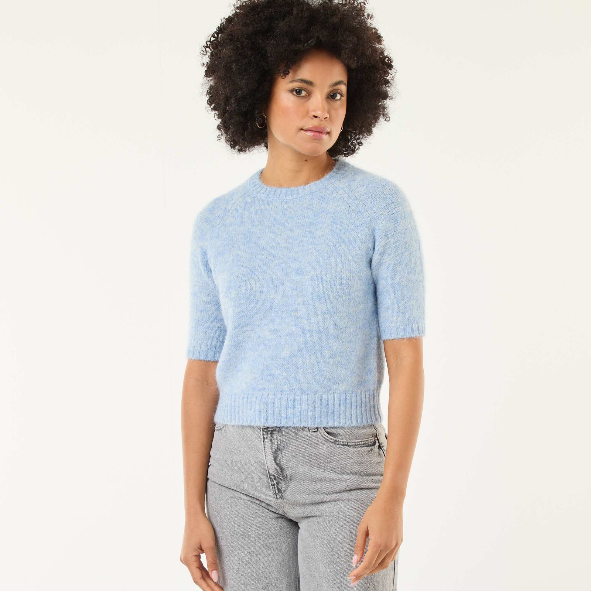 Pull en maille grosse jauge à manches courtes BLEU