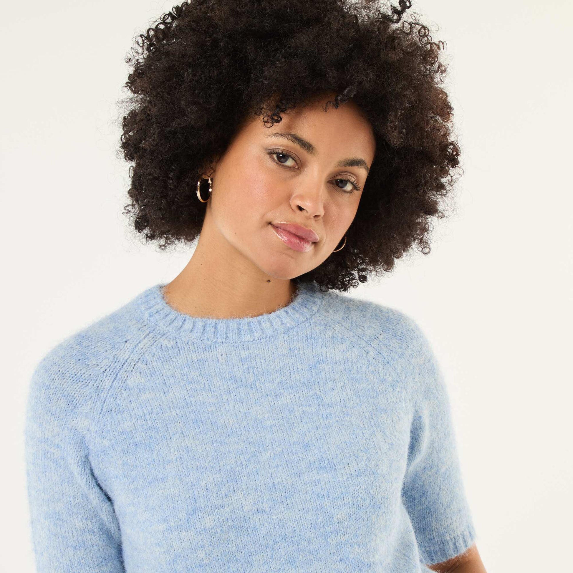 Pull en maille grosse jauge à manches courtes BLEU