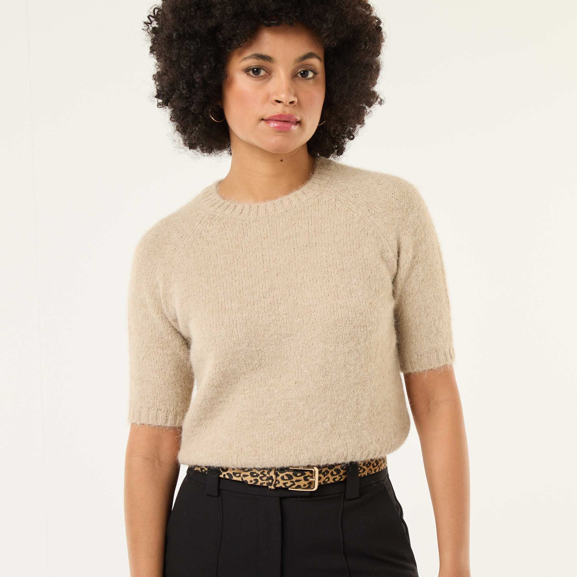 Pull en maille grosse jauge à manches courtes BEIGE