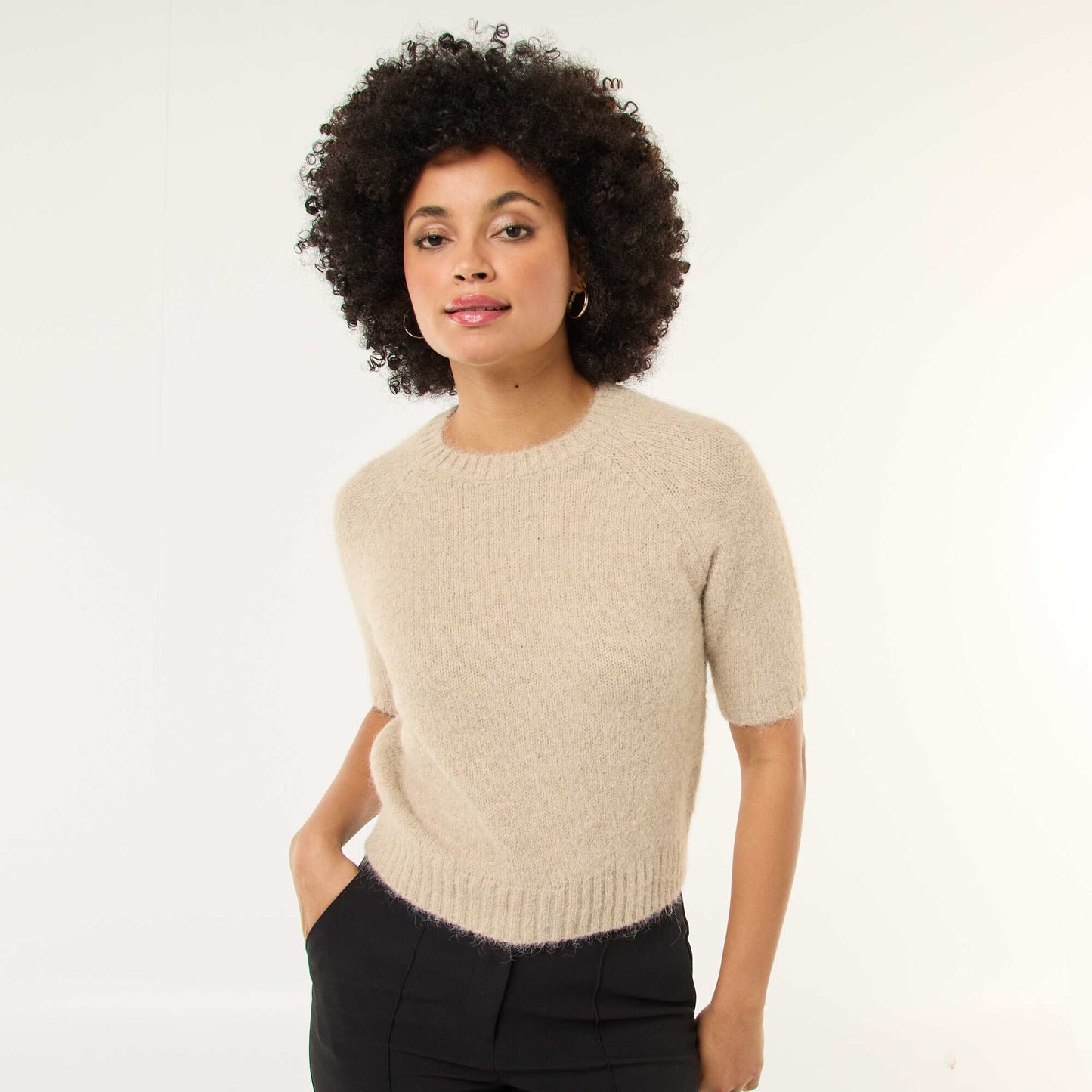 Pull en maille grosse jauge à manches courtes BEIGE