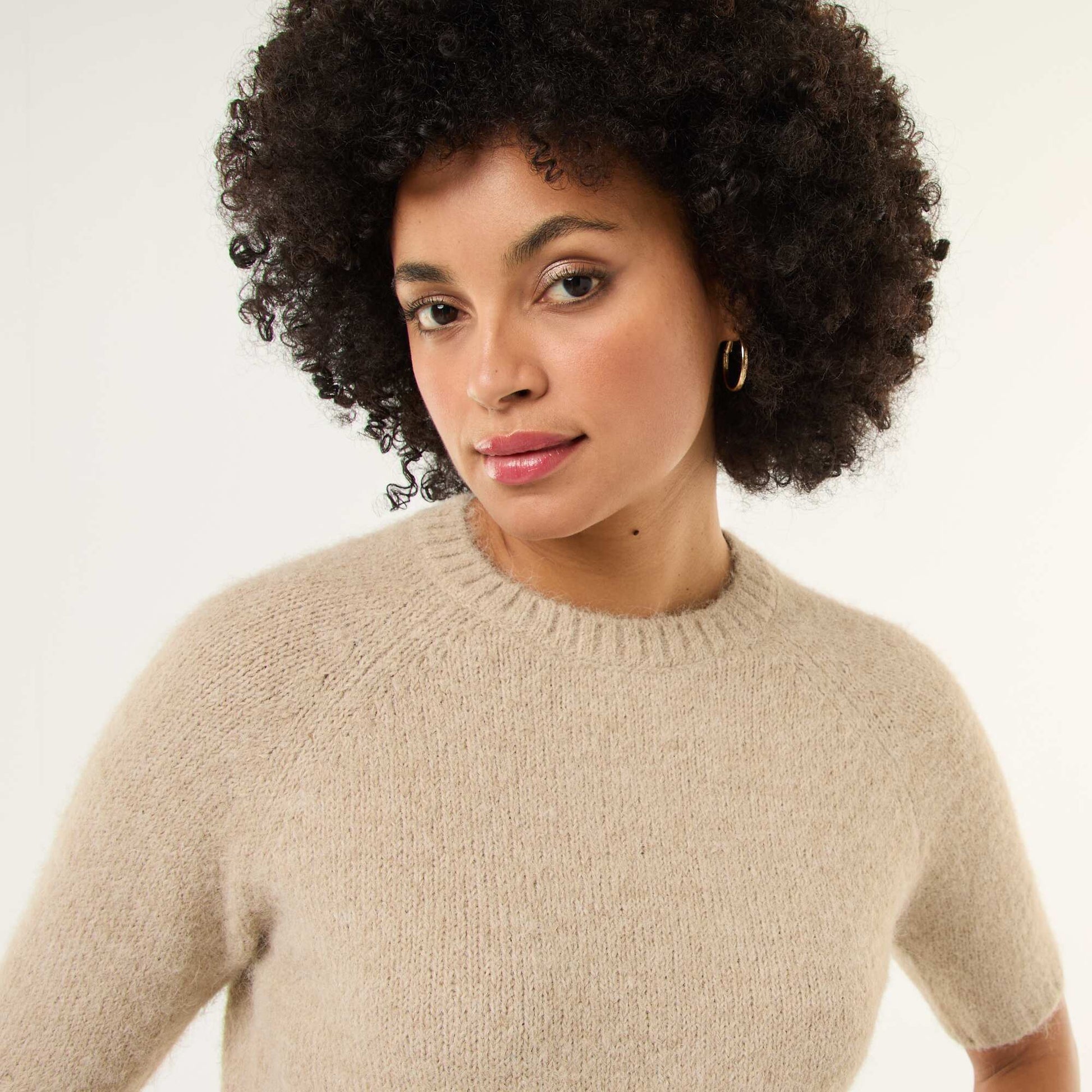 Pull en maille grosse jauge à manches courtes BEIGE