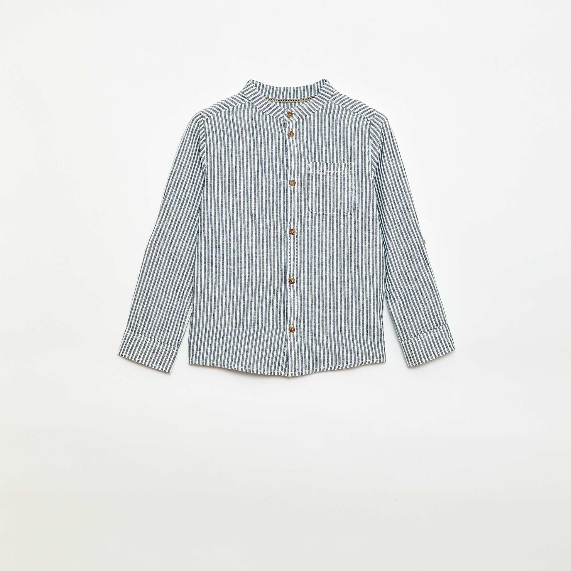 Chemise à manches longues en lin et coton BLEU