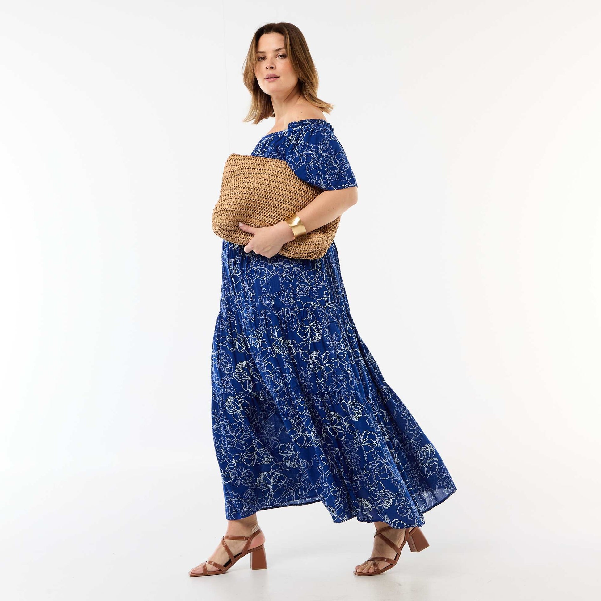 Jupe midi en matière crépon BLEU