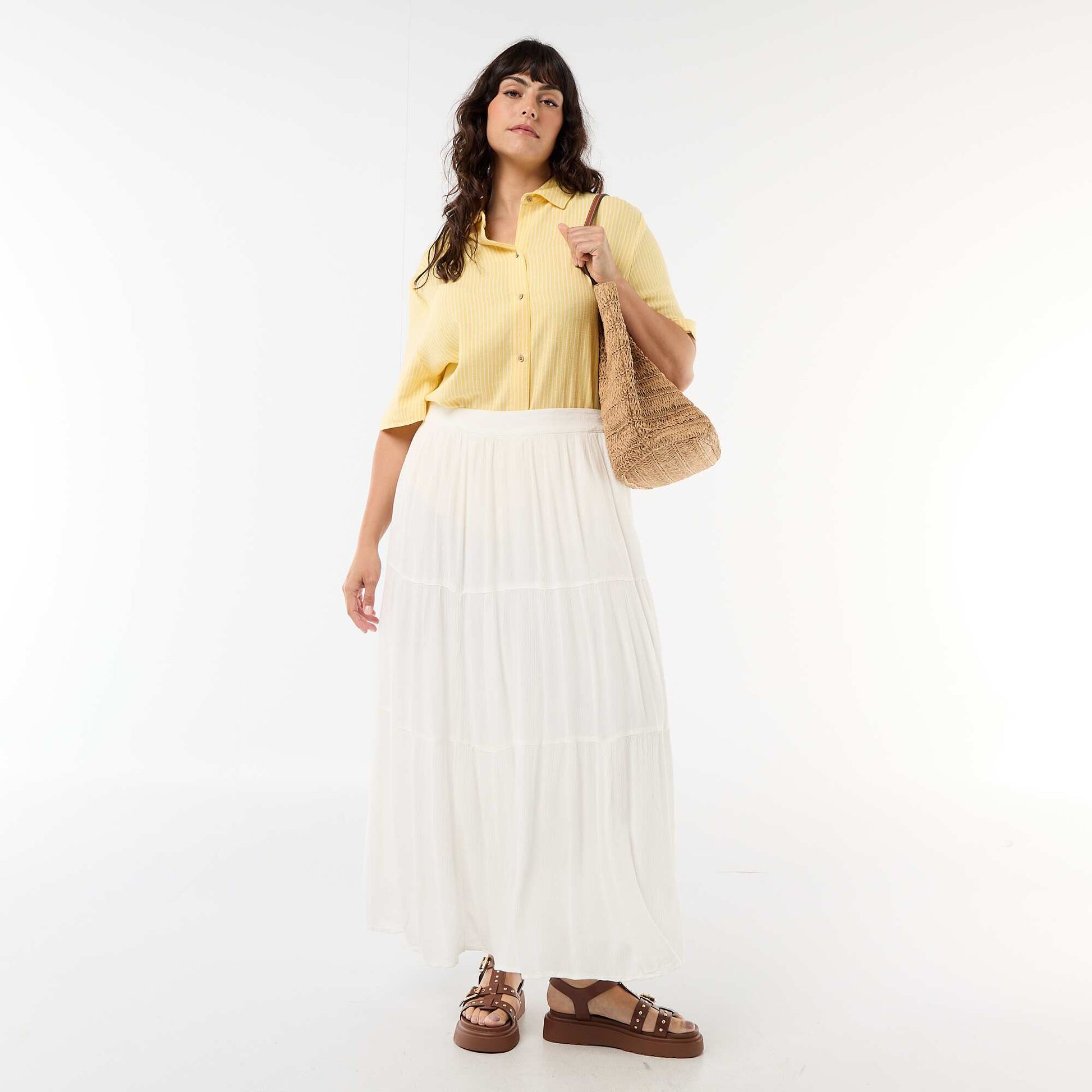 Jupe midi en matière crépon BLANC