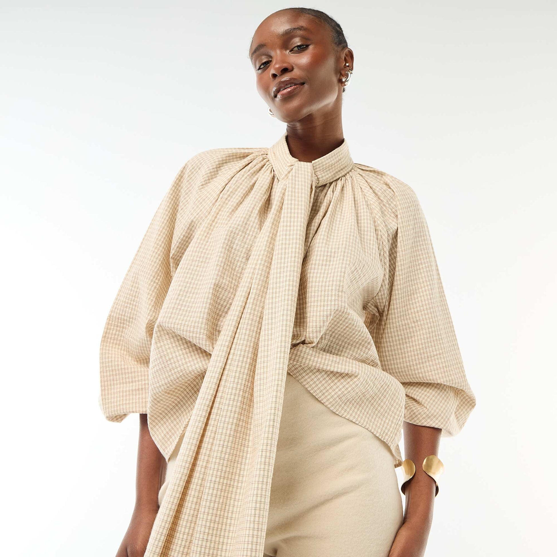 Blouse col lavalière à carreaux en coton BEIGE