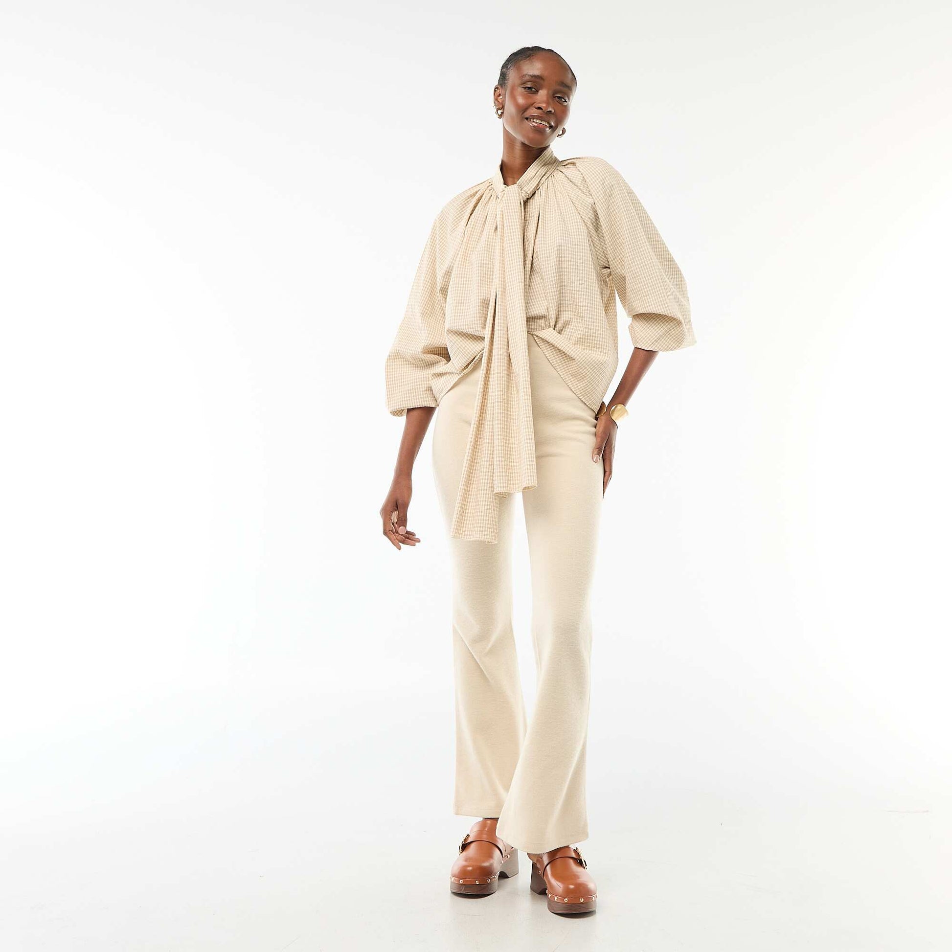 Blouse col lavalière à carreaux en coton BEIGE