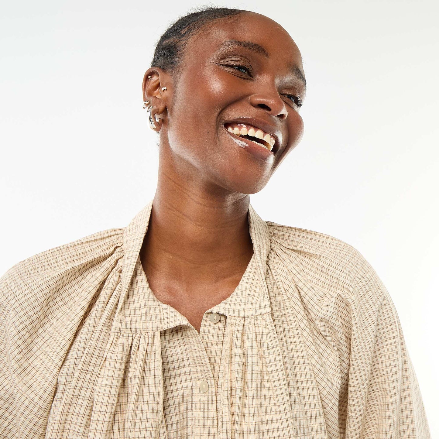 Blouse col lavalière à carreaux en coton BEIGE