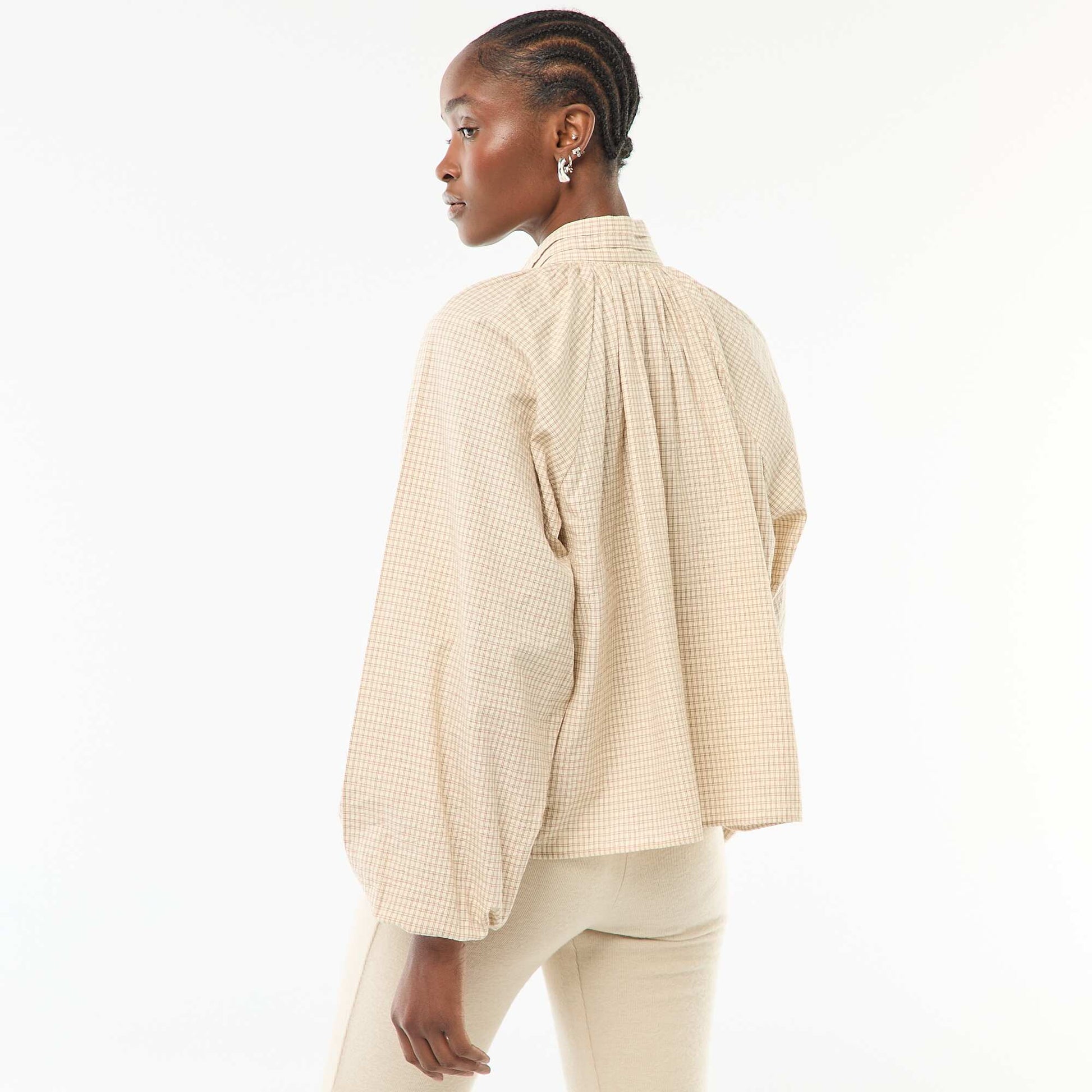 Blouse col lavalière à carreaux en coton BEIGE
