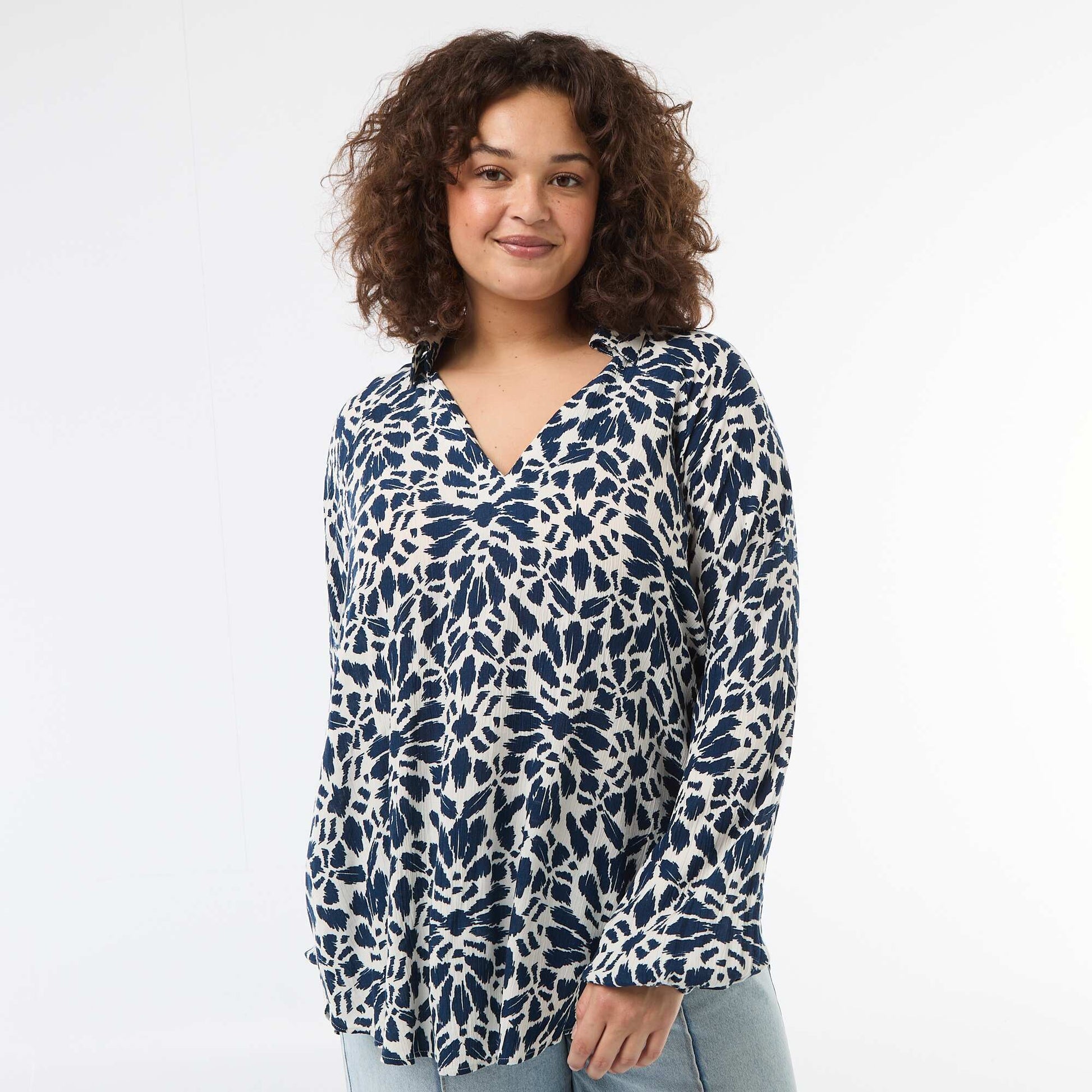 Blouse à manches longues col pointes libres BLEU