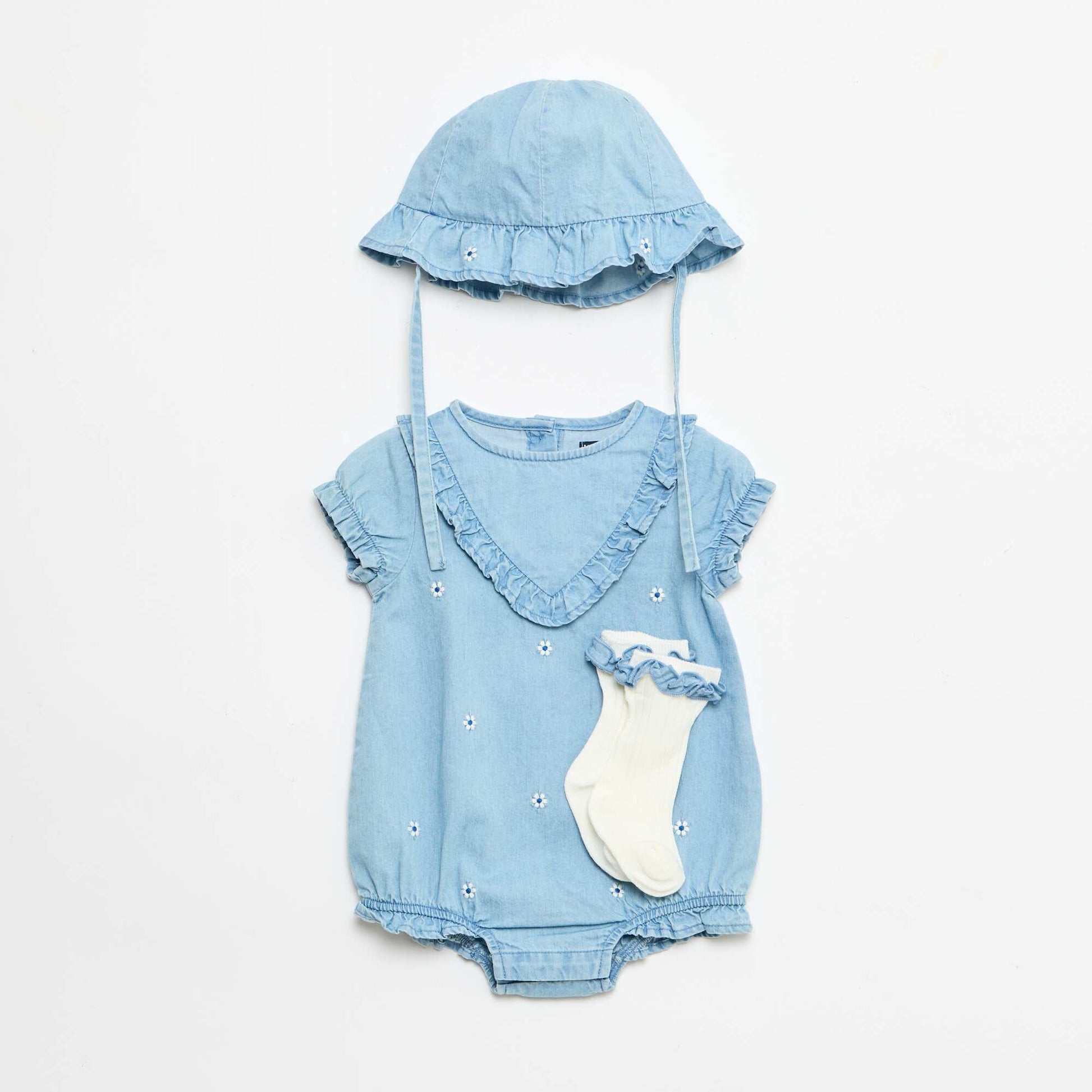 Ensemble 3 pièces barboteuse + chapeau + chaussettes BLEU