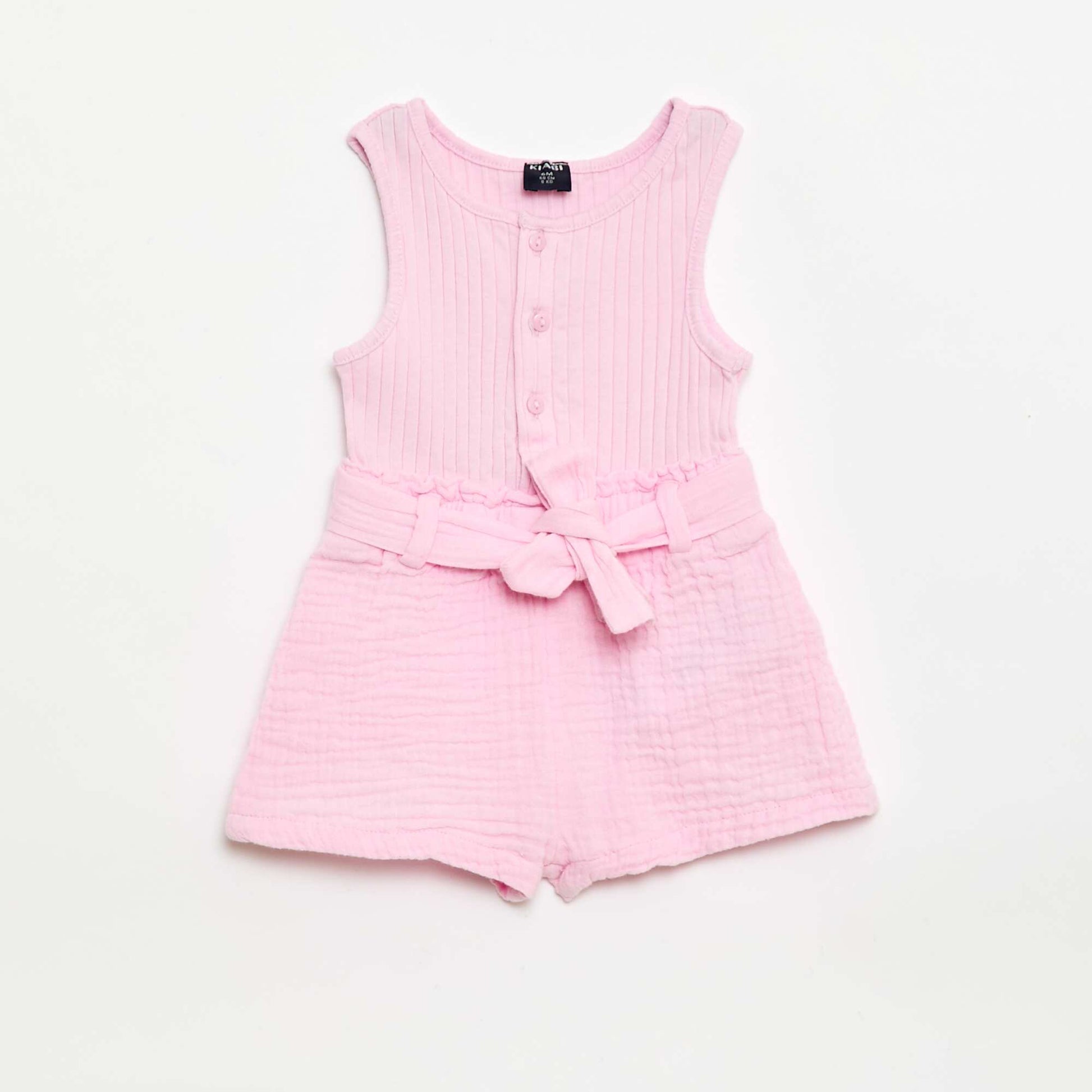 Combinaison short en double gaze de coton + ceinture à nouer ROSE
