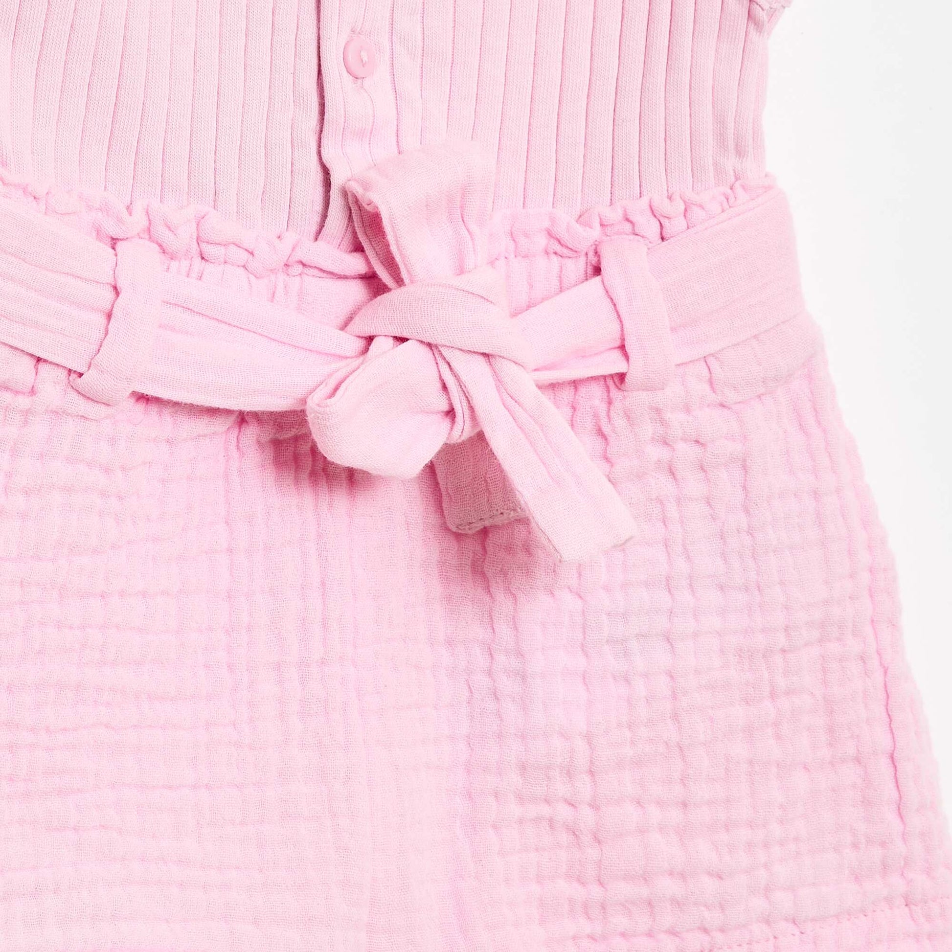Combinaison short en double gaze de coton + ceinture à nouer ROSE