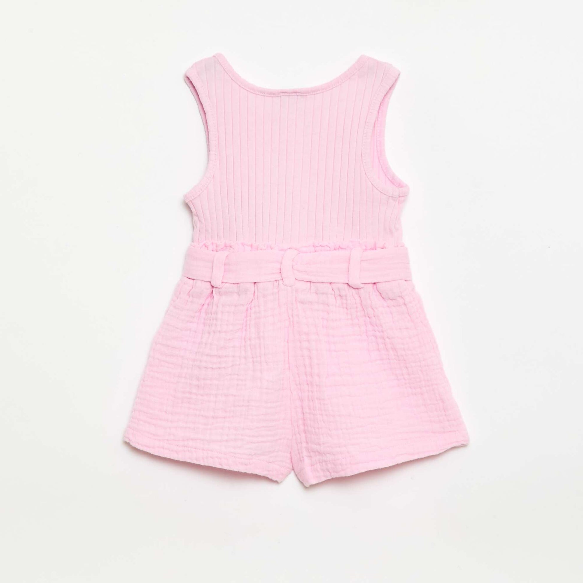 Combinaison short en double gaze de coton + ceinture à nouer ROSE