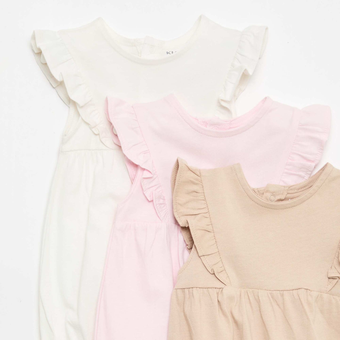 Lot de 3 barboteuses unies et volantées BEIGE