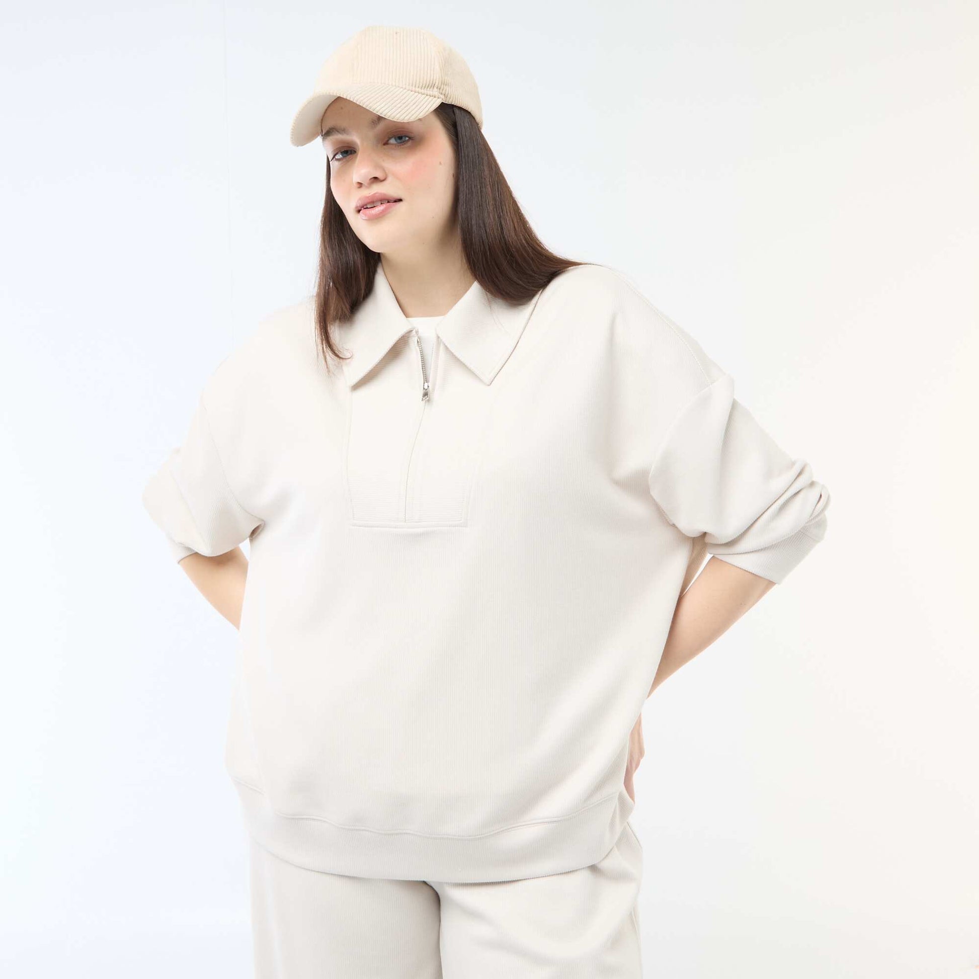 Sweat uni avec col camionneur zippé BEIGE