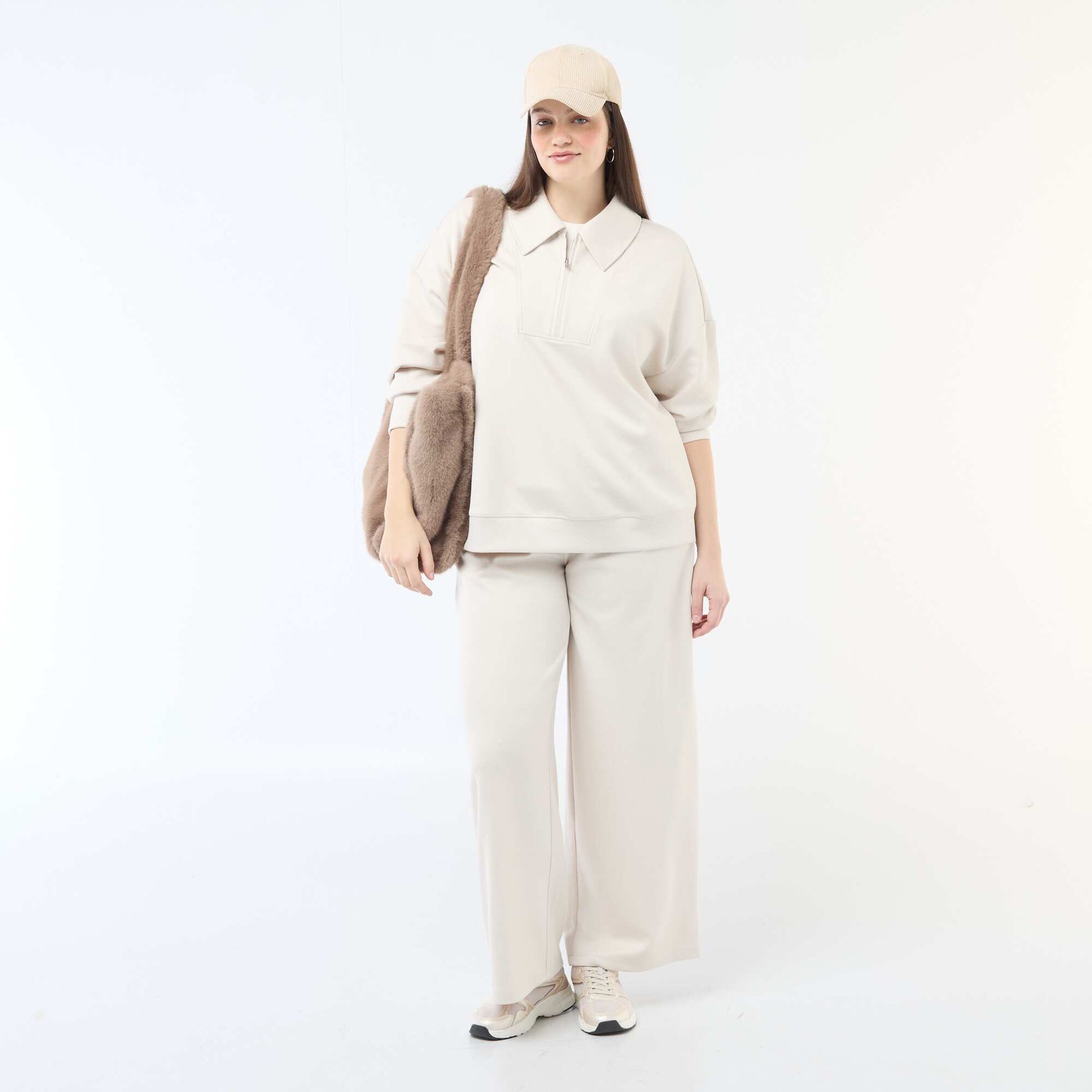Sweat uni avec col camionneur zippé BEIGE