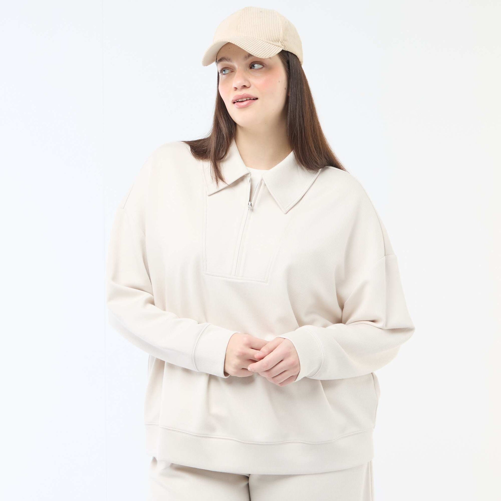 Sweat uni avec col camionneur zippé BEIGE