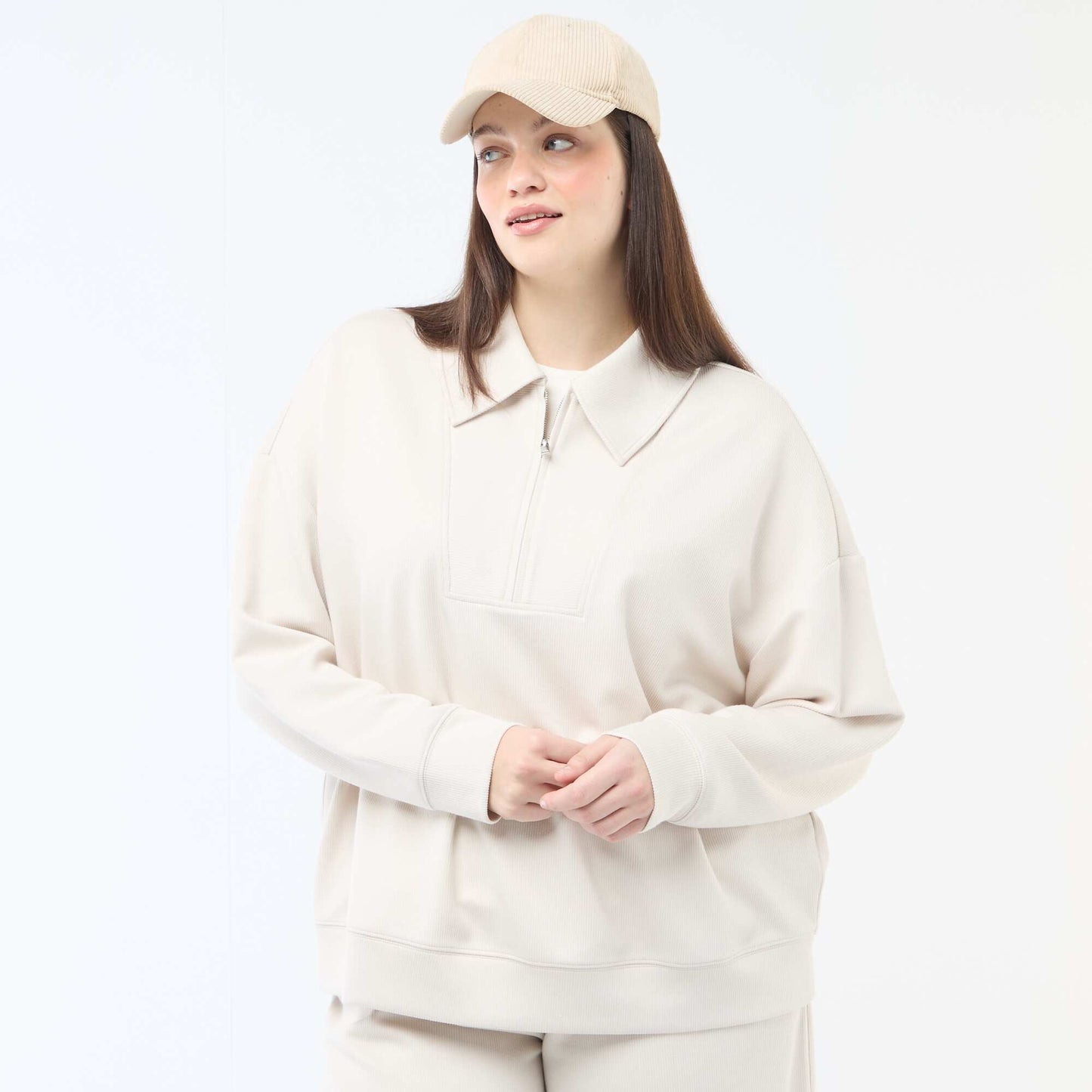Sweat uni avec col camionneur zippé BEIGE