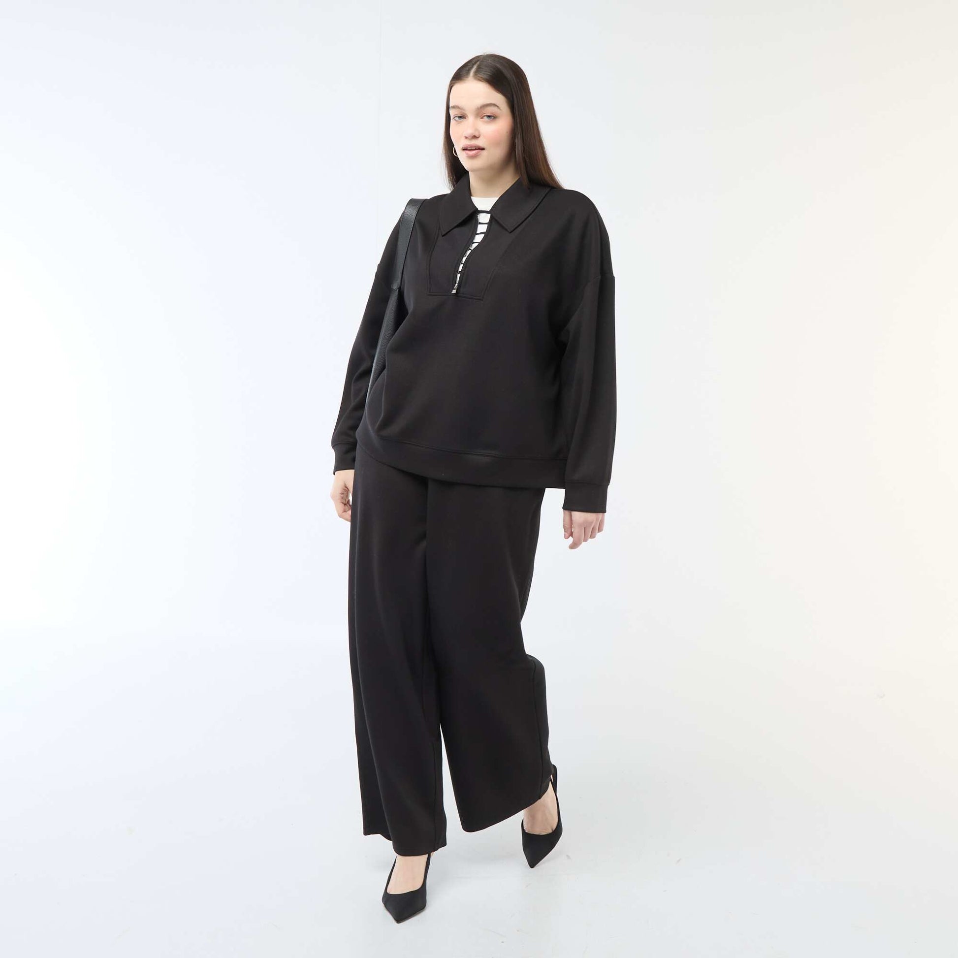 Pantalon large en matière stretch côtelée NOIR