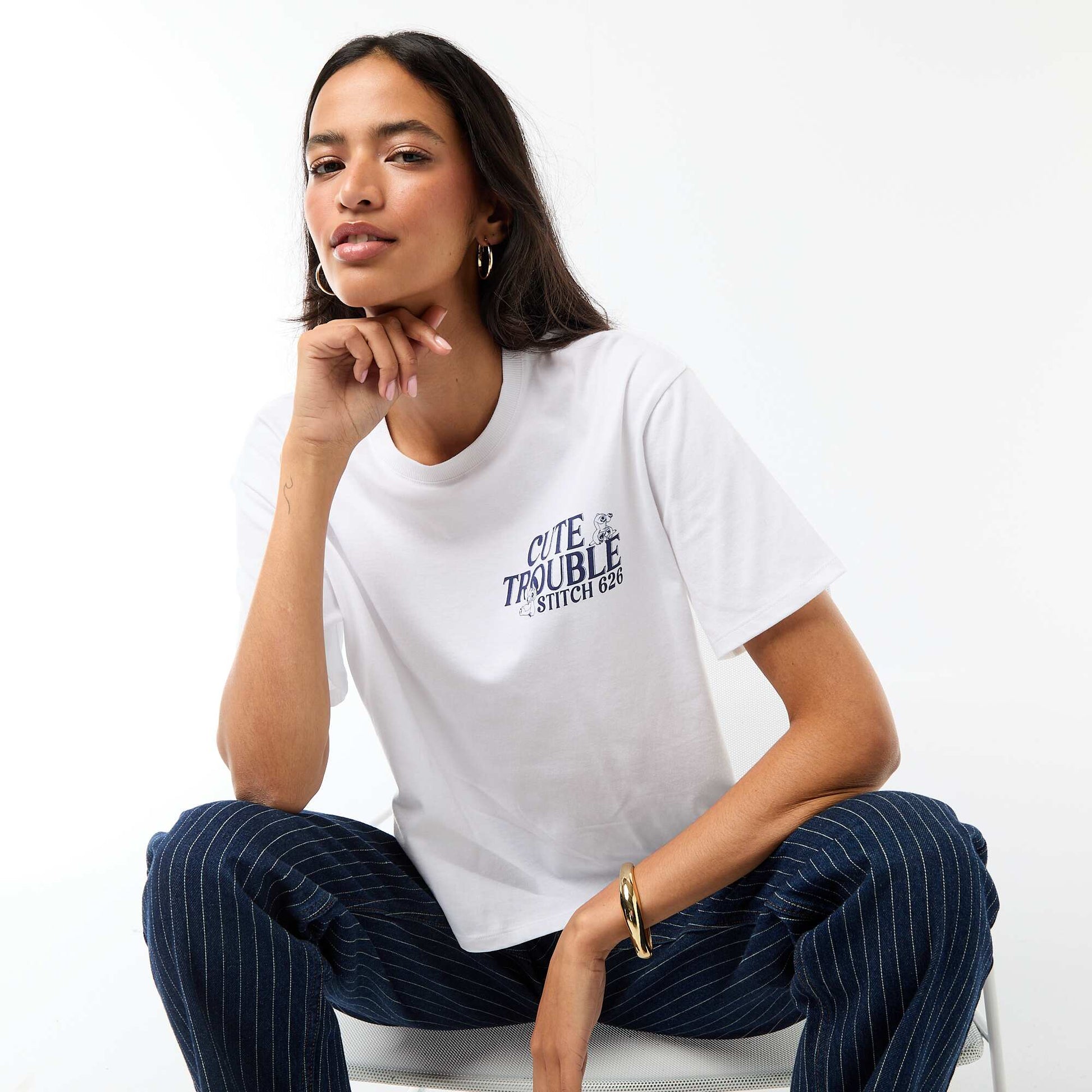 Tee-shirt 'Stitch' cropped à manches courtes BLANC