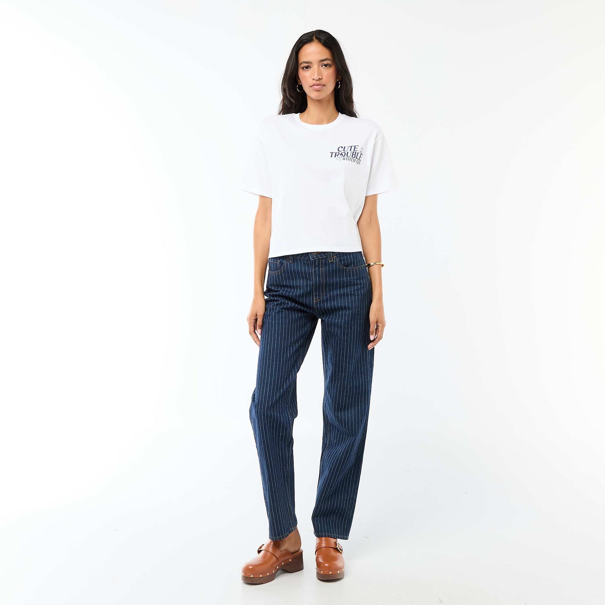 Tee-shirt 'Stitch' cropped à manches courtes BLANC
