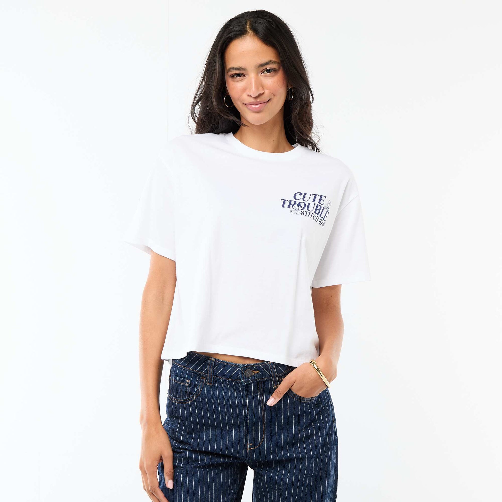 Tee-shirt 'Stitch' cropped à manches courtes BLANC