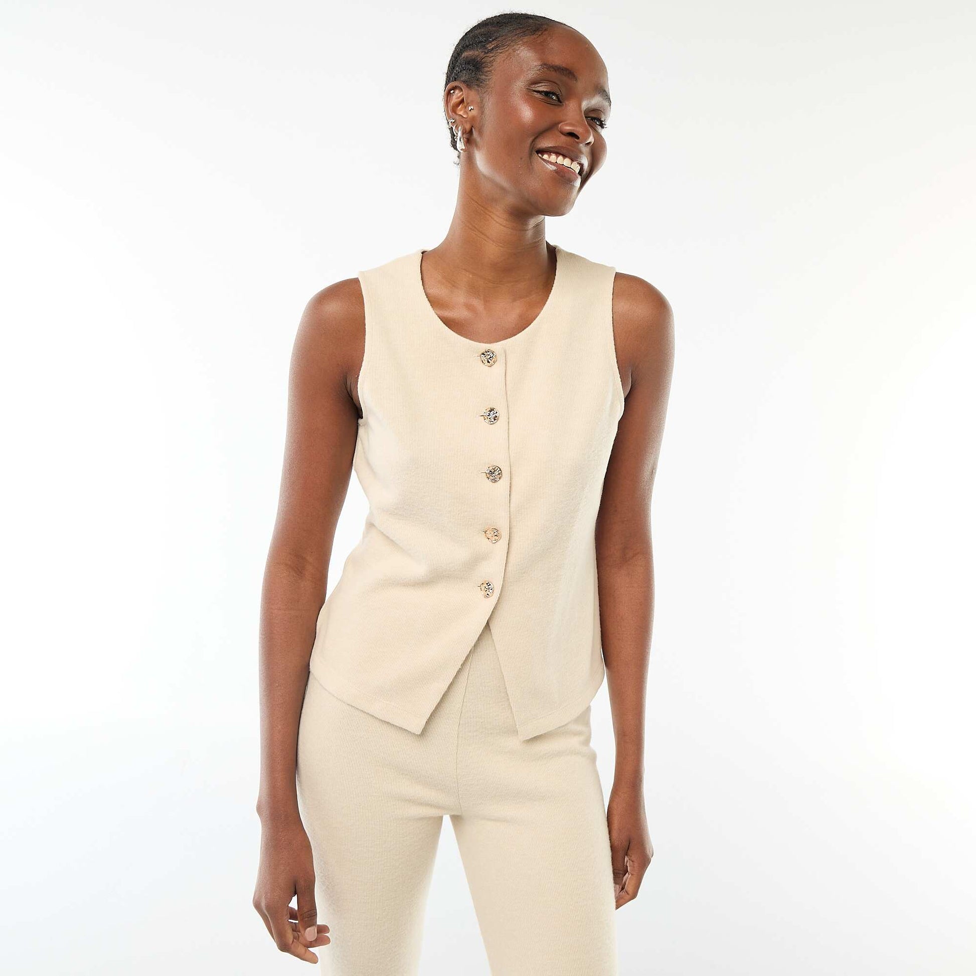 Top sans manches boutonné en maille doudou BEIGE