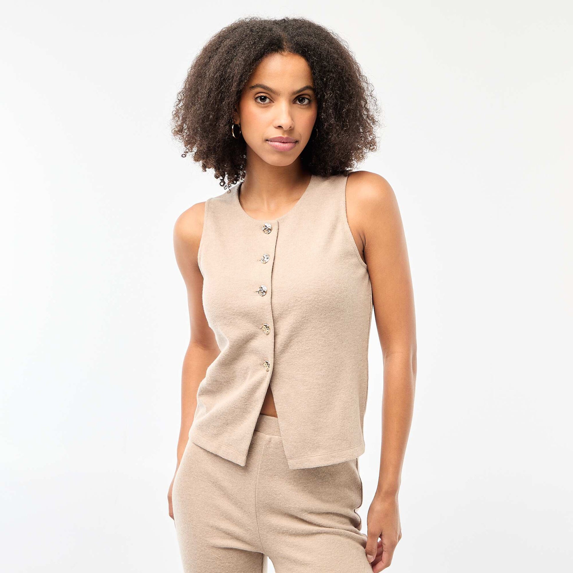 Top sans manches boutonné en maille doudou MARRON