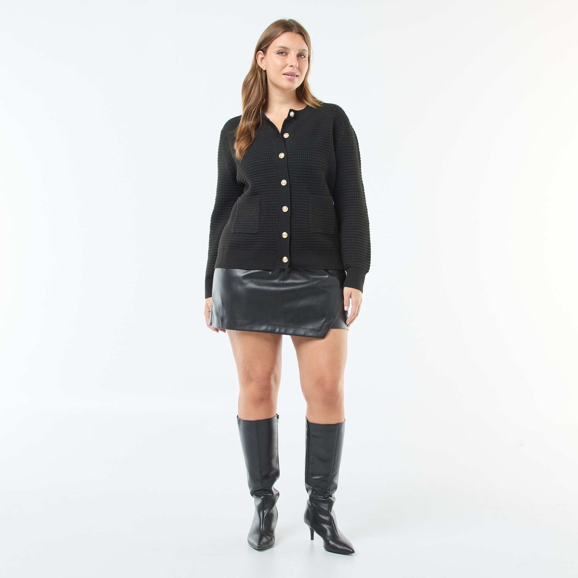 Gilet en maille gaufrée avec boutons dorés NOIR