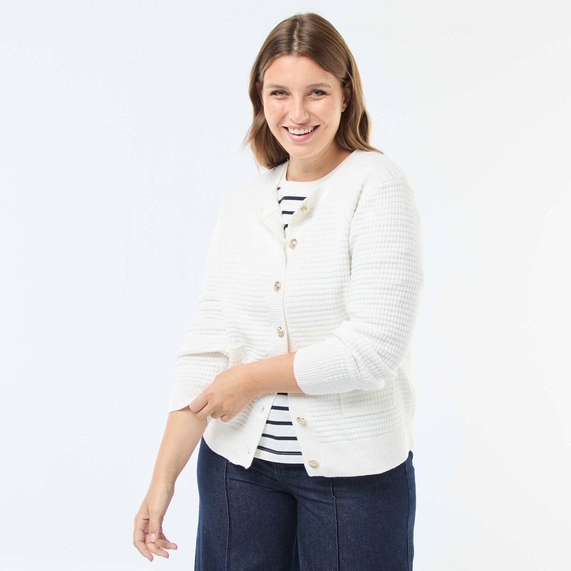 Gilet en maille gaufrée avec boutons dorés BEIGE