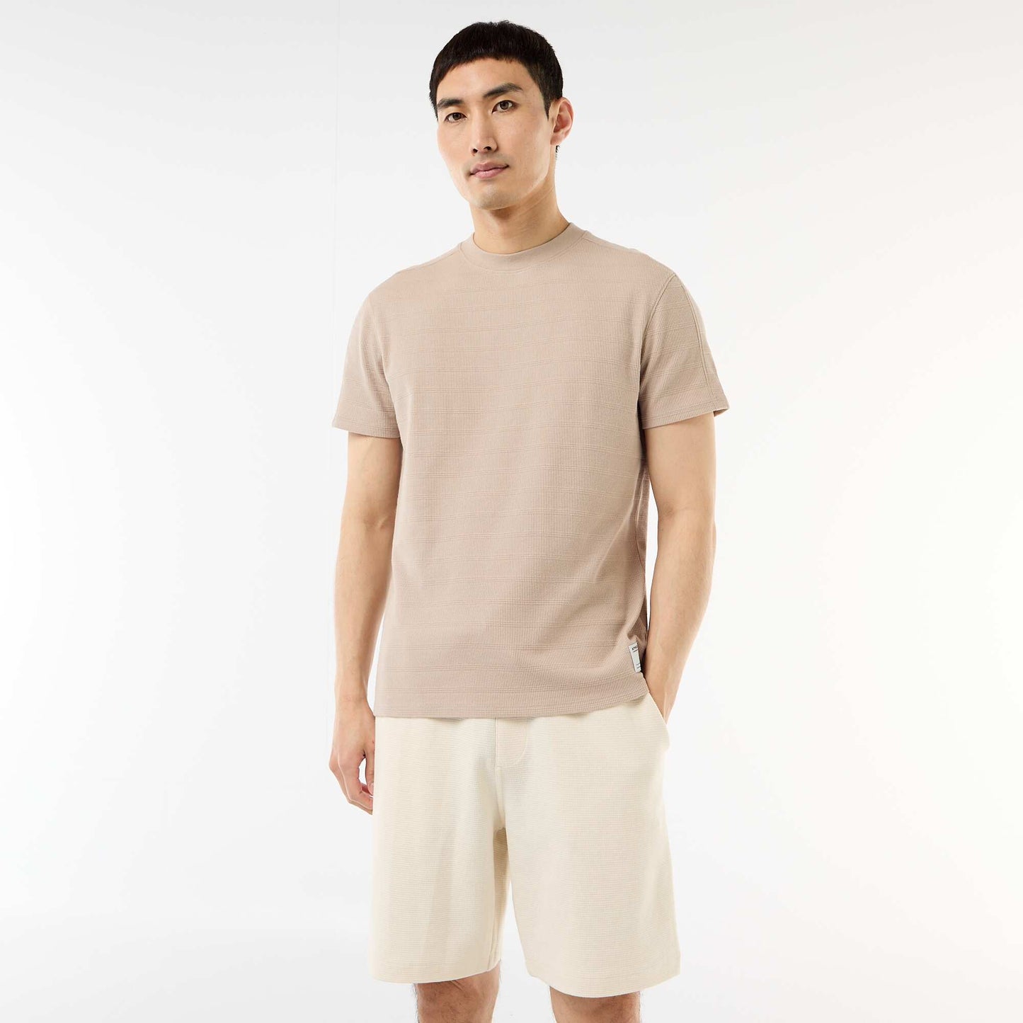 T-shirt à col rond et manches courtes en nid d'abeilles BEIGE