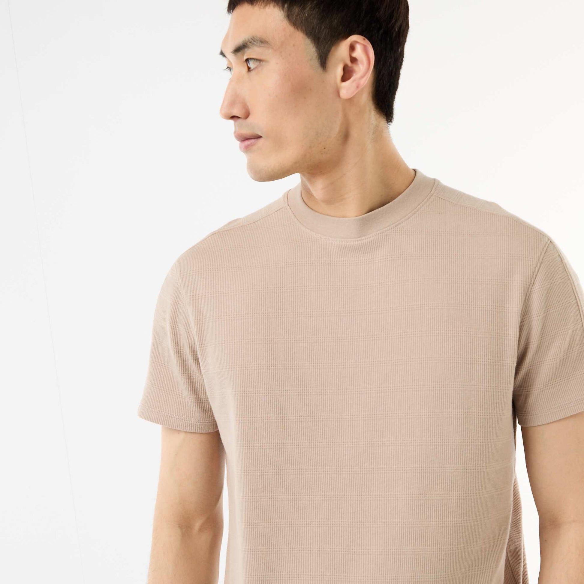 T-shirt à col rond et manches courtes en nid d'abeilles BEIGE