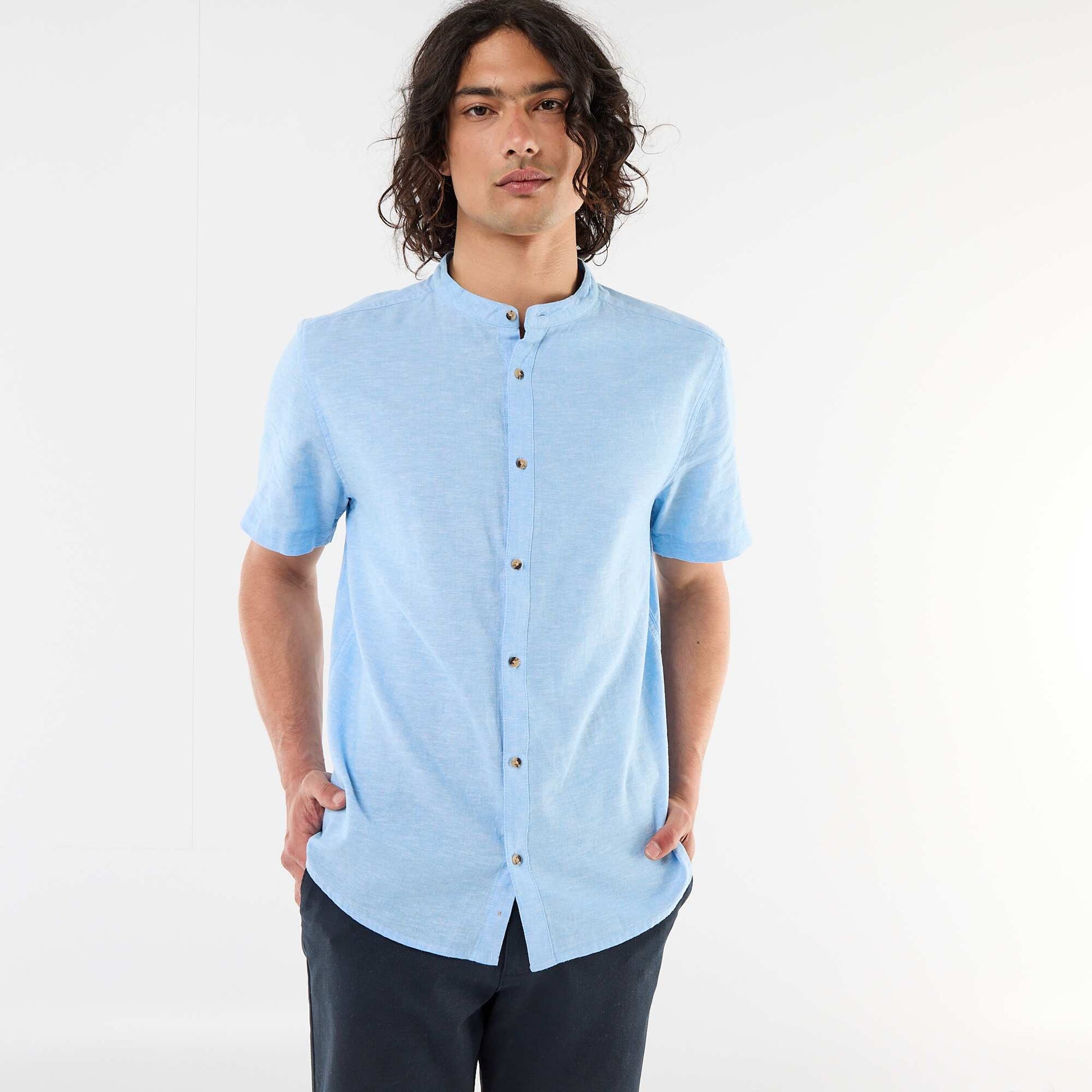 Chemise unie à manches courtes et col mao en lin mélangé BLEU