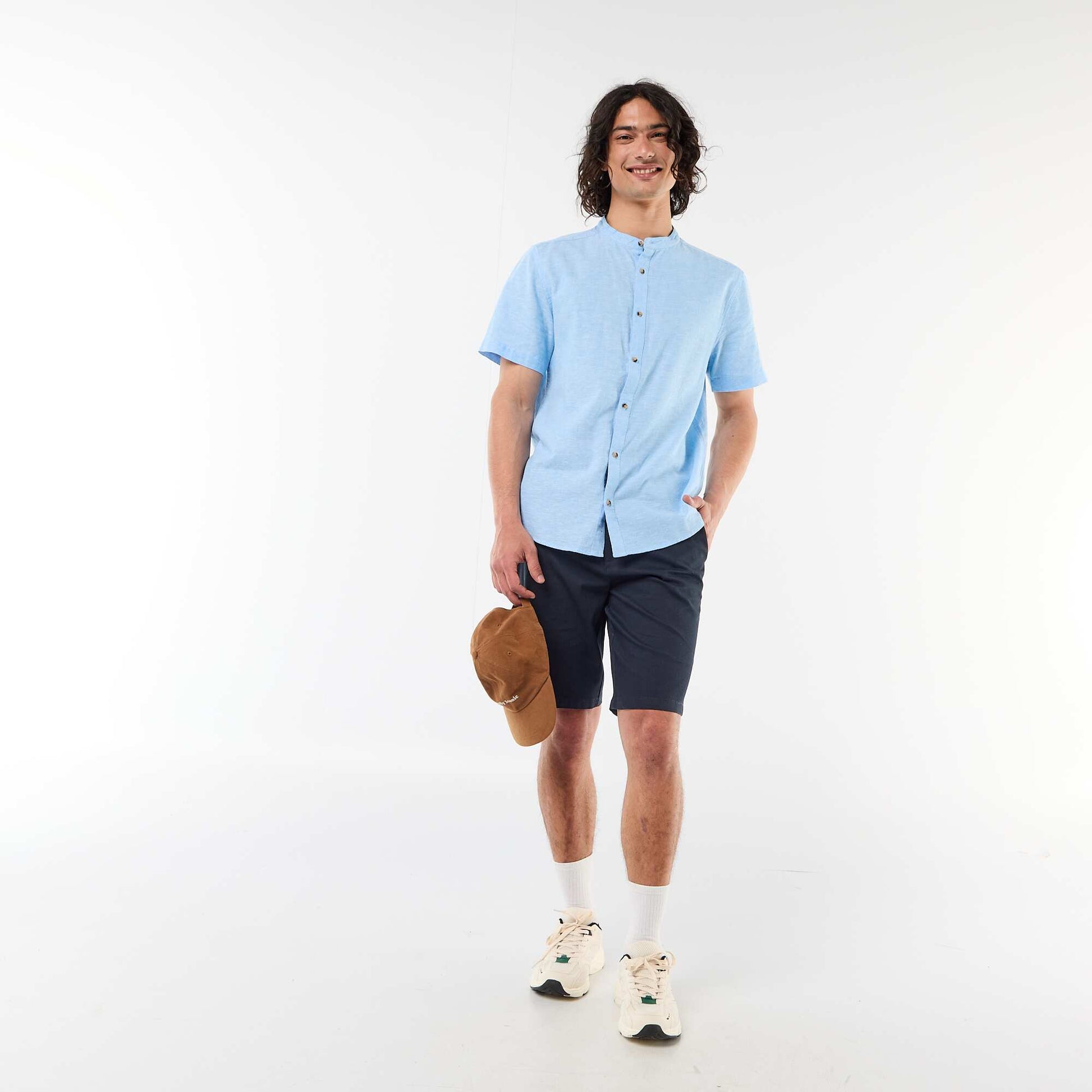 Chemise unie à manches courtes et col mao en lin mélangé BLEU