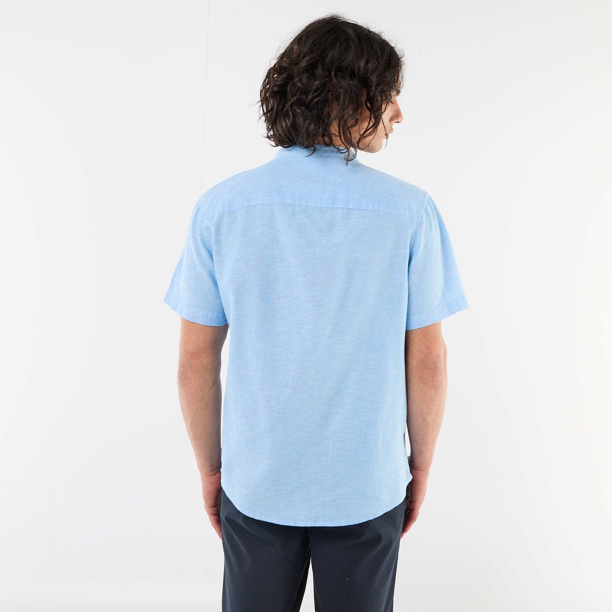Chemise unie à manches courtes et col mao en lin mélangé BLEU