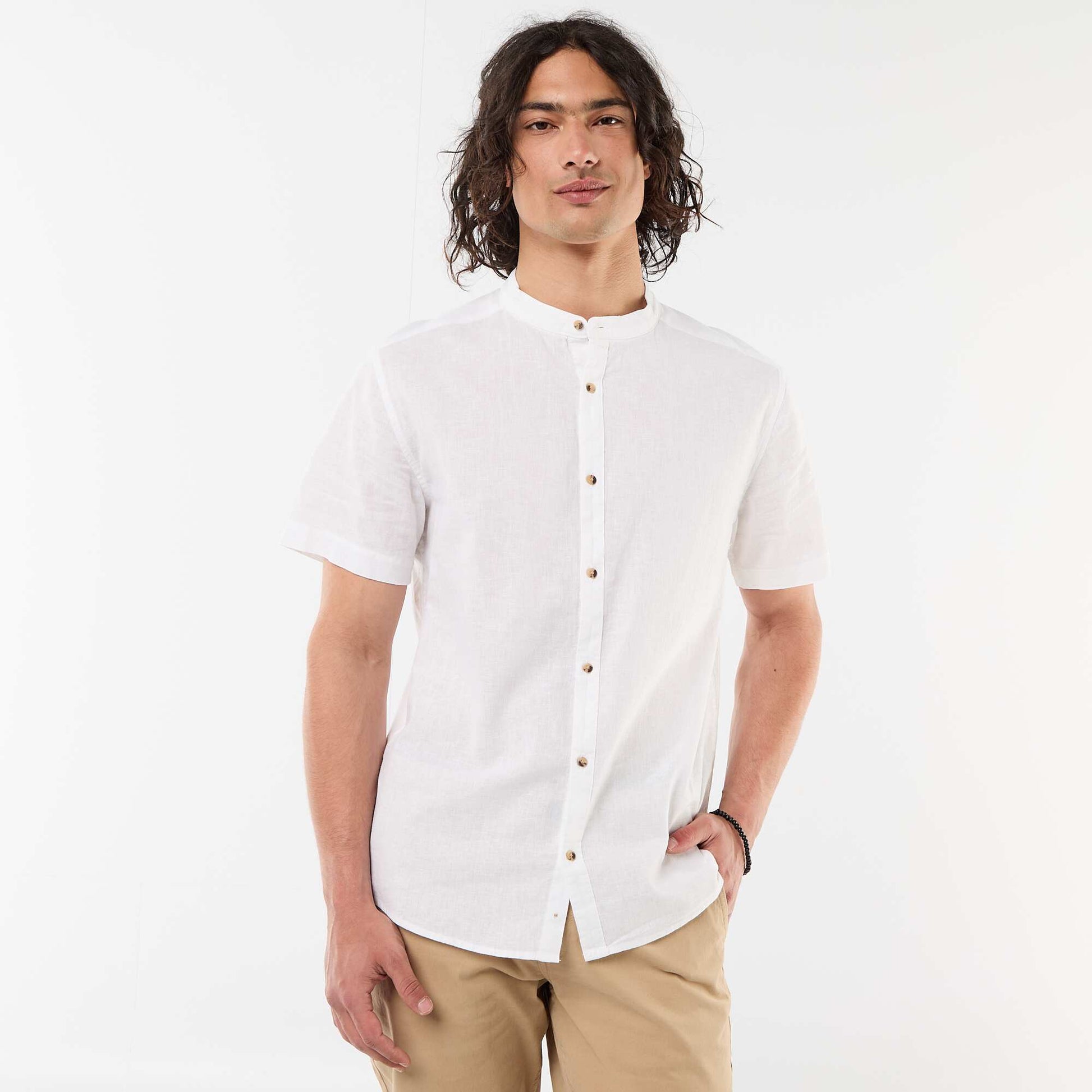Chemise unie à manches courtes et col mao en lin mélangé BLANC