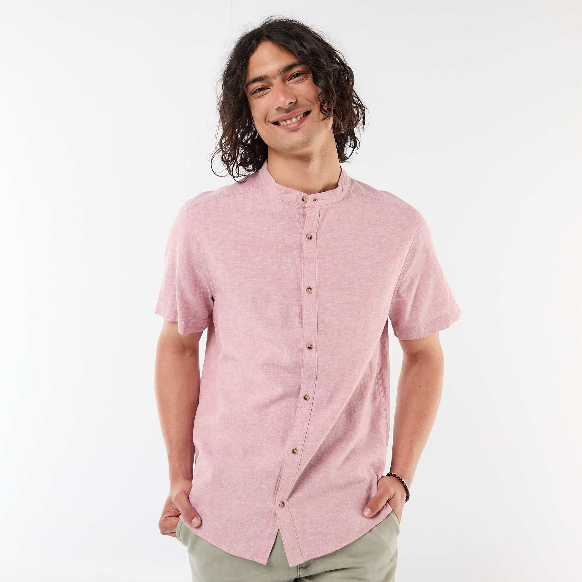 Chemise unie à manches courtes et col mao en lin mélangé ROSE