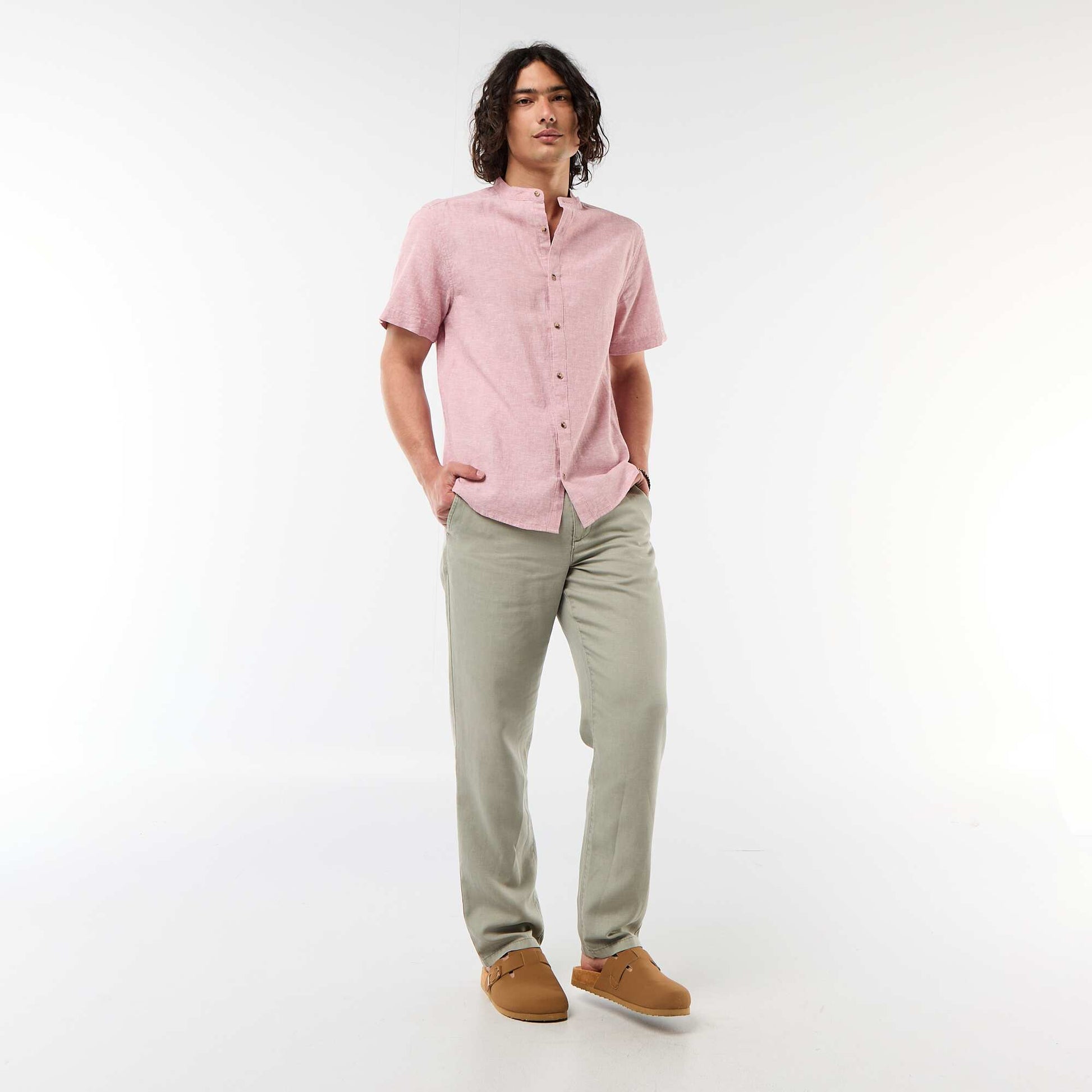Chemise unie à manches courtes et col mao en lin mélangé ROSE